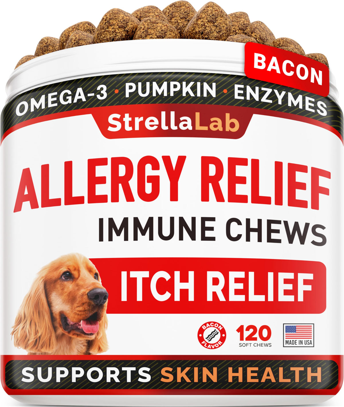 Strellalab Dog Allergy Relief - Dog Itchy Skin Treatment With Omega 3 & Pumpkin, Dogs Itching And Licking Treats, Dog Itch Relief Chew, Allergy Supplement, Hotspot Relief For Dogs, Anti Itch Support