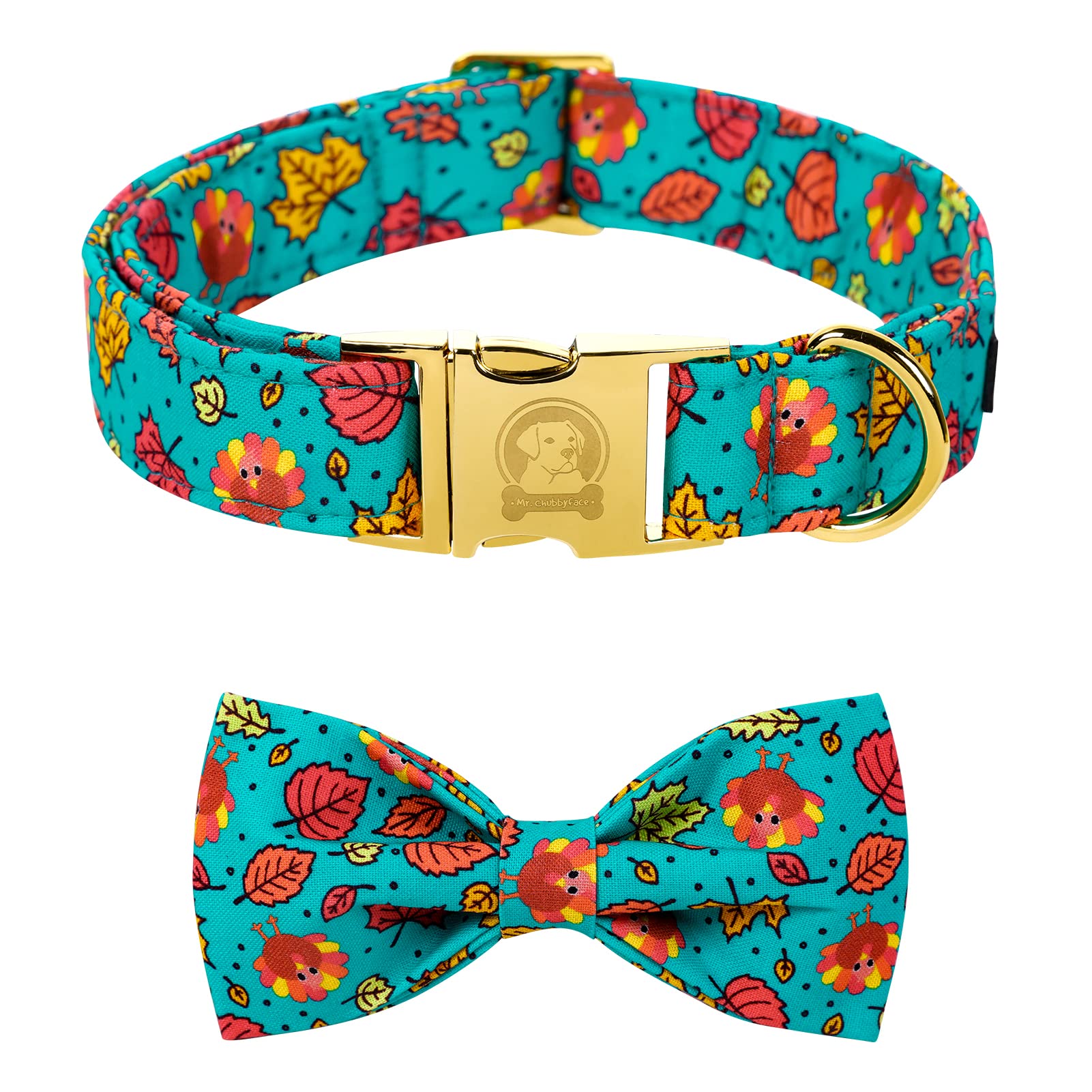 Mr. Chubbyface Thanksgiving Dog Collar - Fall Maple & Turkey Design With Adjustable Bowtie For Small, Medium & Large Dogs