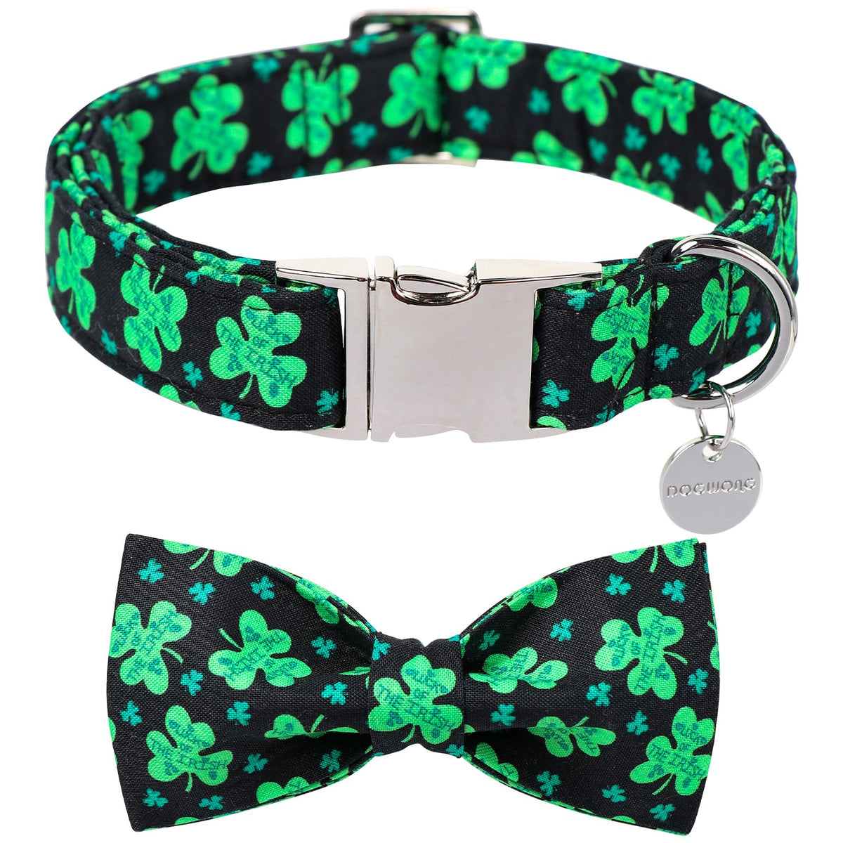 Dogwong Green Lucky Clover Shamrock Dog Collar With Bowtie, Soft Adjustable St. Patrick'S Day Lucky Charm Black Puppy Collar For