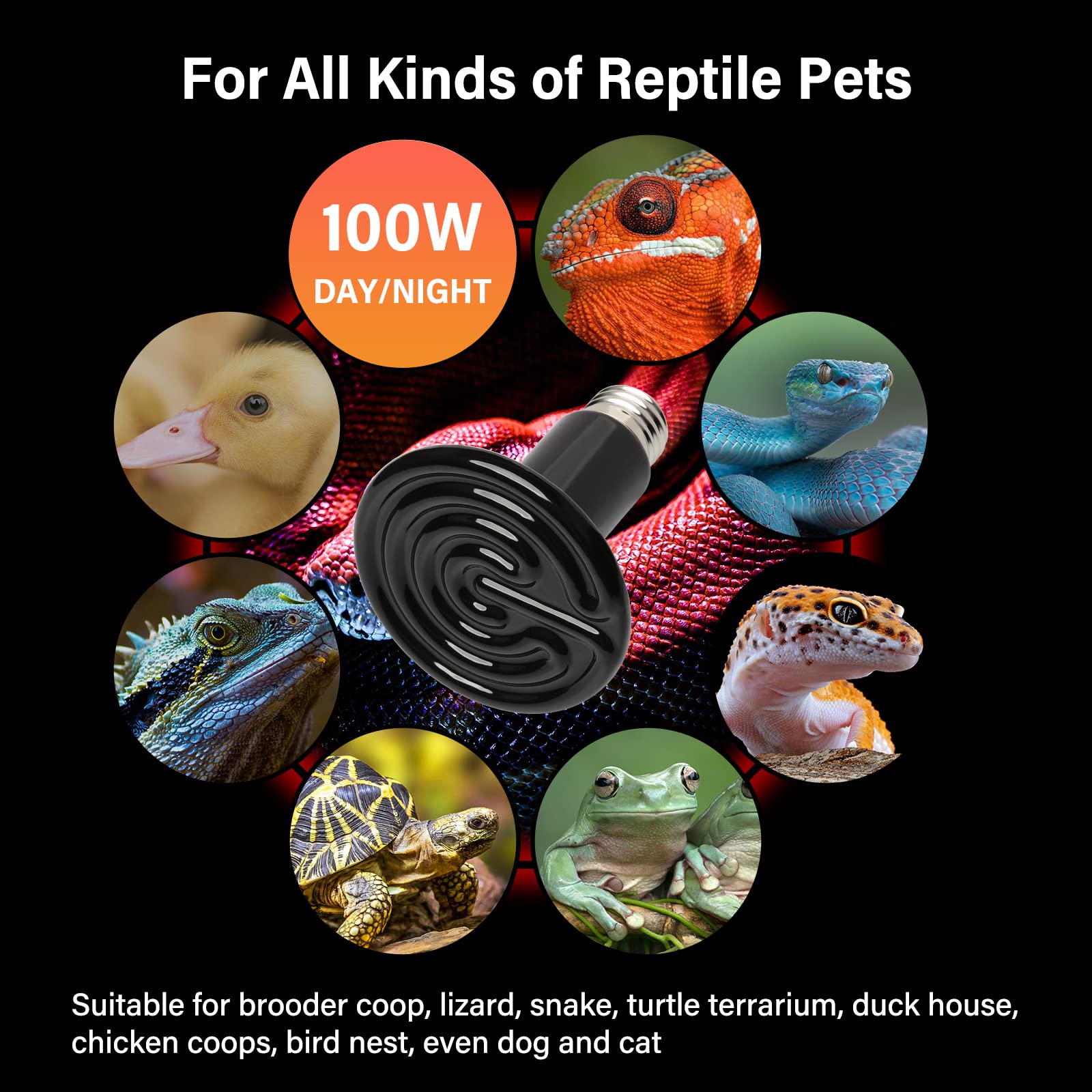 HealSmart Reptile Heat Lamp Bulb Ceramic Heat Emitter 100W No Light Emitting Brooder Coop Heater for Amphibian Pet & Incubating