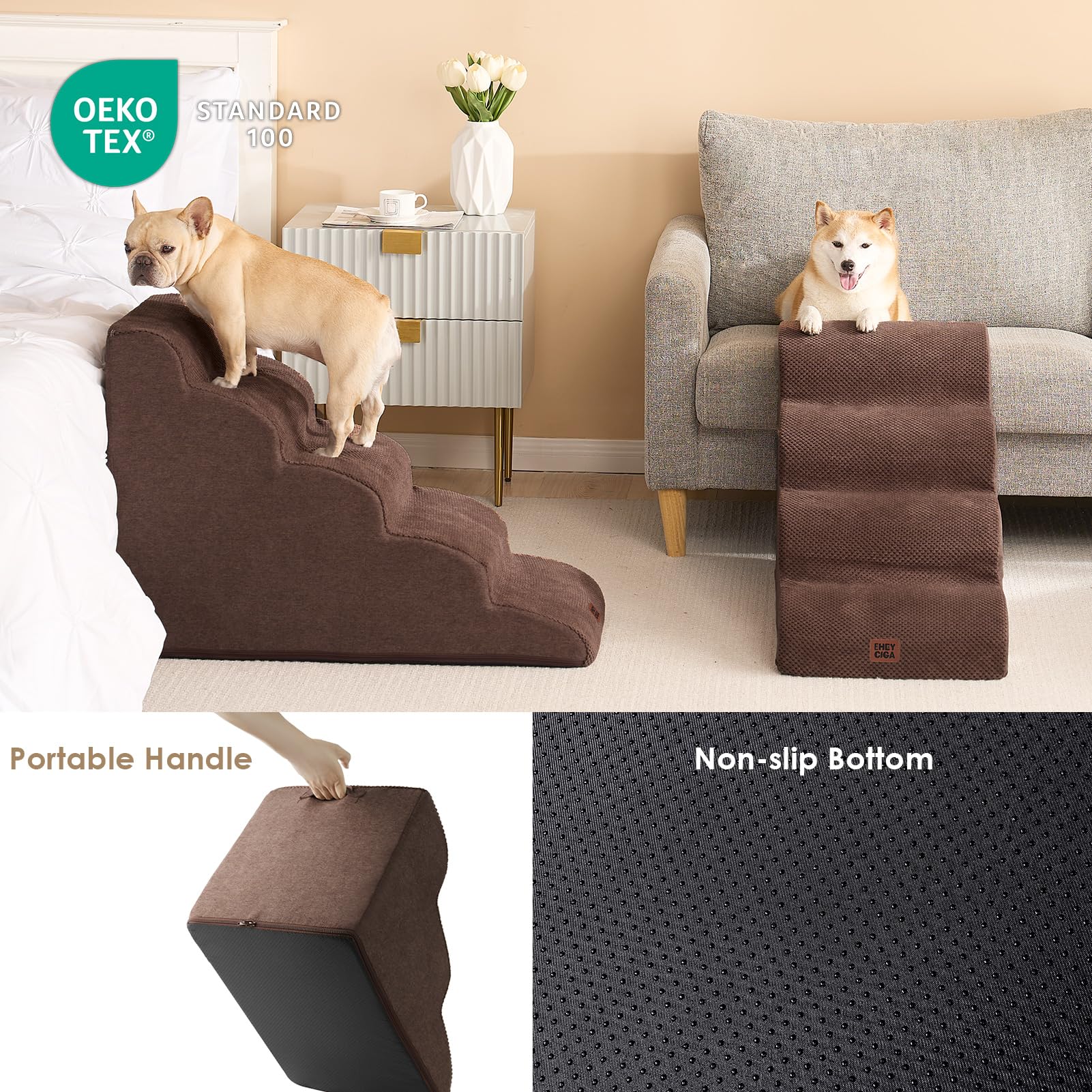 Eheyciga Curved Dog Stairs Ramp For High Beds 19.7' H, 4-Step Dog Steps For Small Dogs And Cats, Pet Stairs For High Bed Climbing, Non-Slip Balanced Pet Step Indoor, Brown