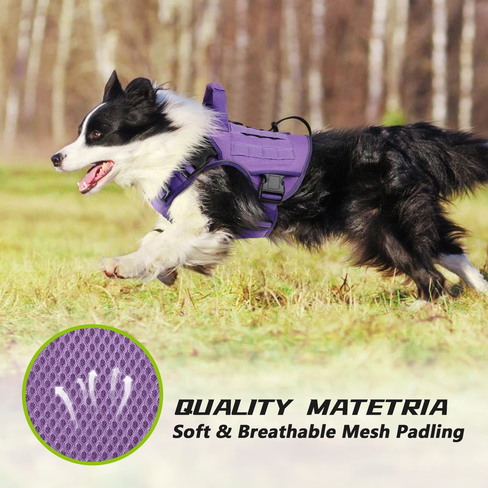 Wingoin Purple Tactical Dog Harness Vest With Handle Tactical Dog Harness For Large Dogs No Pull Adjustable Pet Harness Reflective K9 Military Service Dog Harnesses For Walking Hiking Training (L)