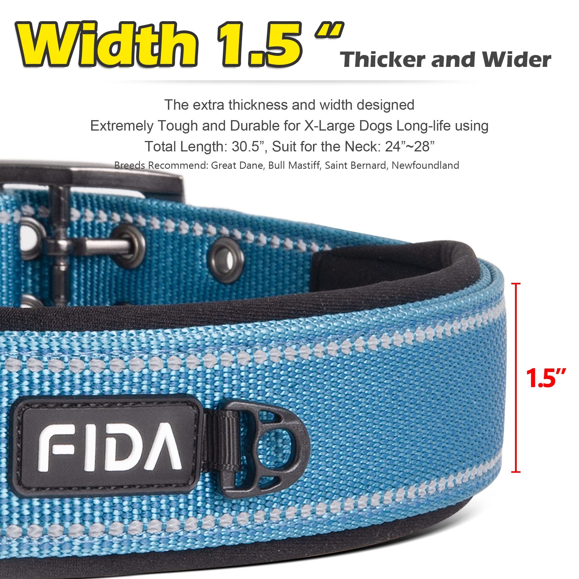 Fida Heavy Duty Dog Collar 1.5    Width, Ultra Soft Neoprene Padded, Adjustable Reflective Nylon Pet Collar With Two Metal Pin B