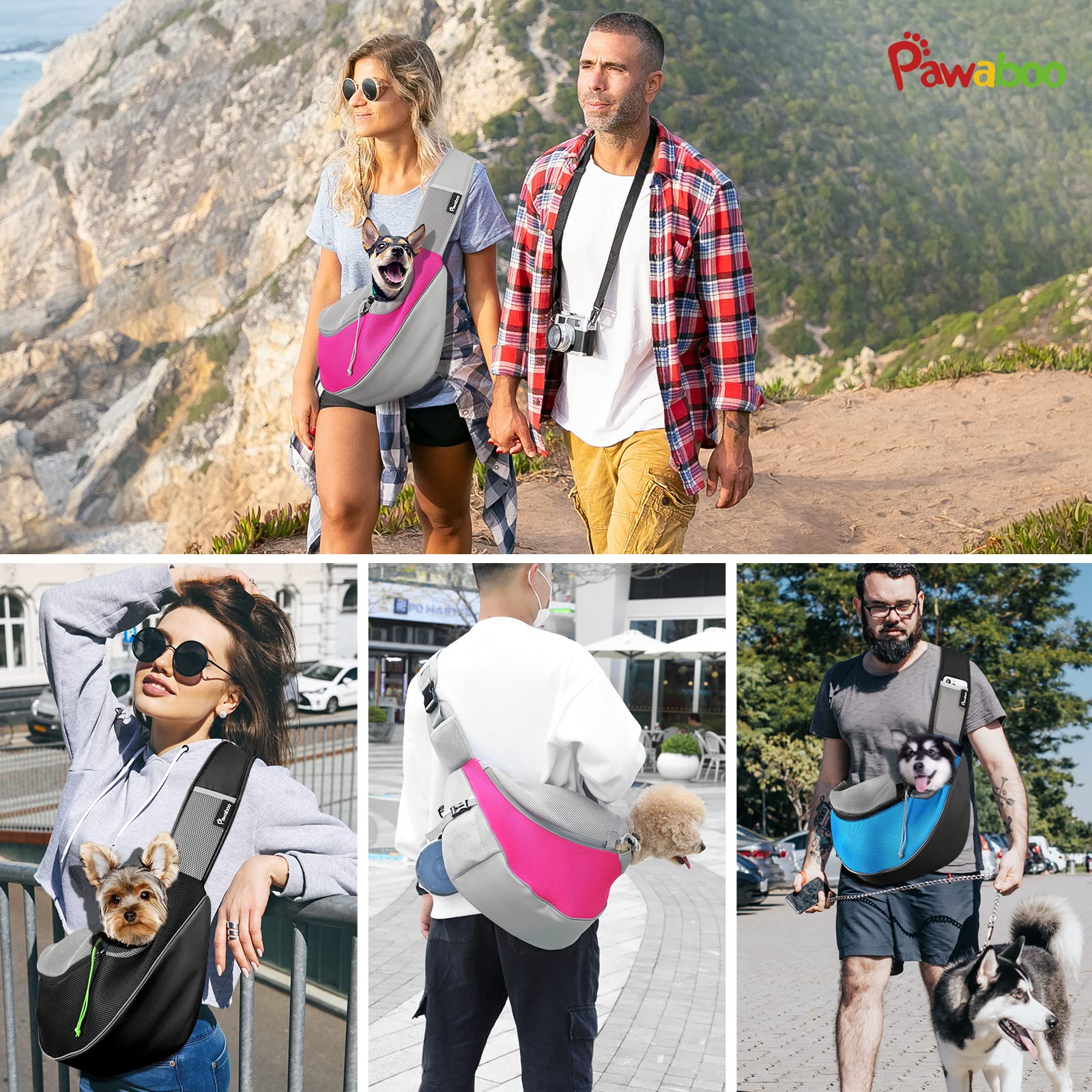 Pawaboo Pet Dog Sling Carrier, Hand Free Drawstring Dog Papoose With Adjustable Strap, Breathable Mesh Bag For Puppy Cat, Crossb