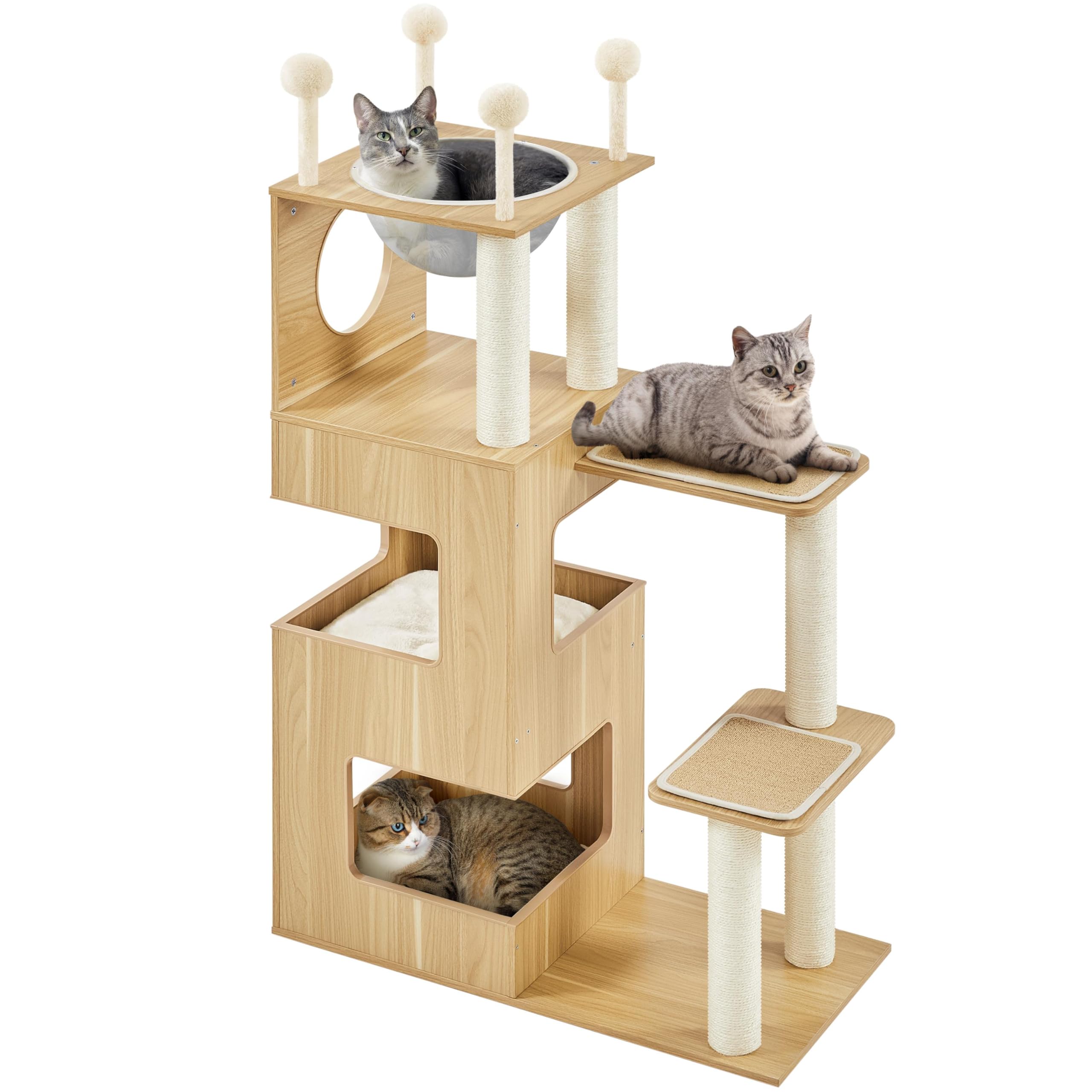 Yaheetech Wooden Cat Tree, 53In Modern Cat Tower For Indoor Cats With Scratching Posts Washable Detachable Cushion, Clear Bowl &