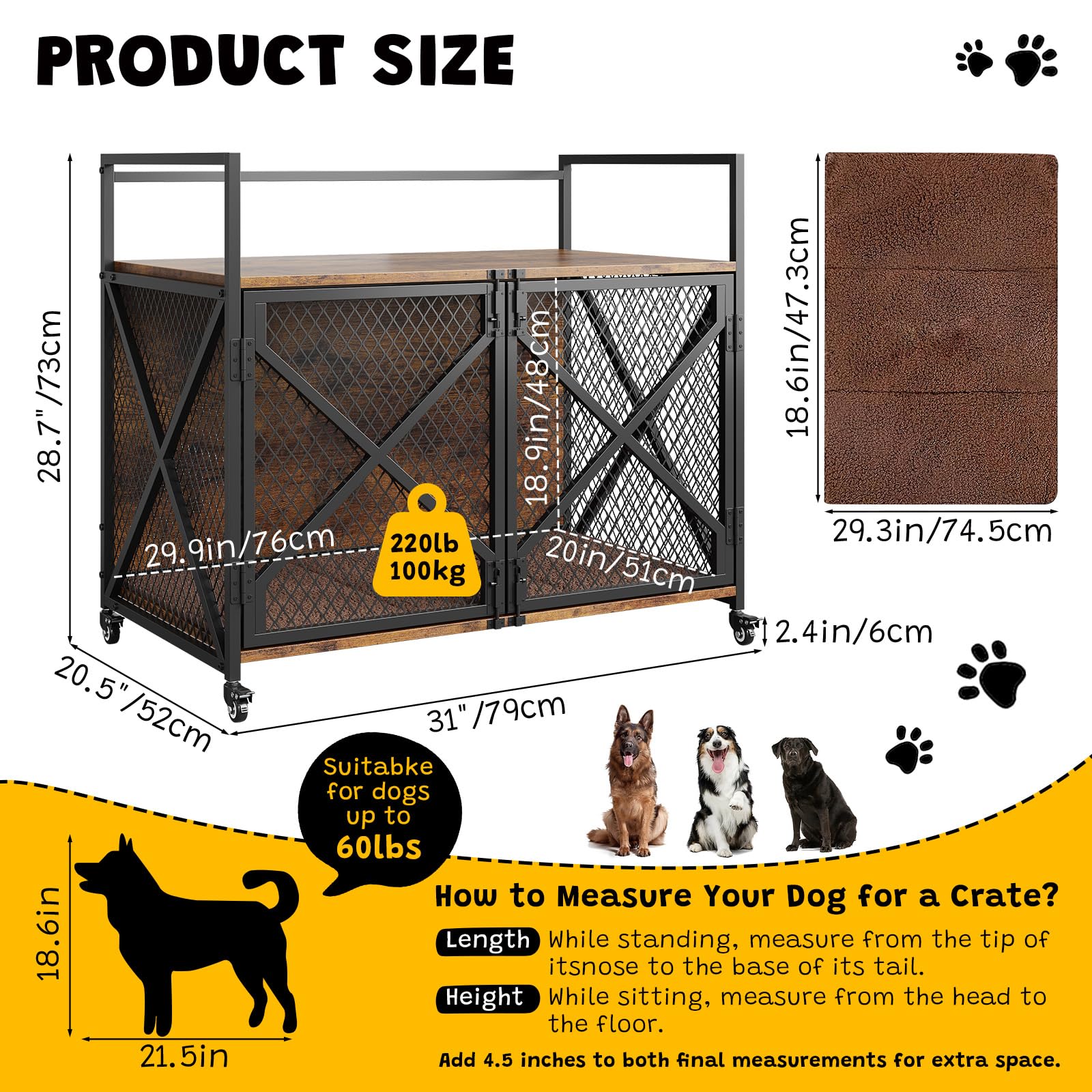 31 Inch Dog Crate Furniture, Heavy Duty Dog Kennel Table with 360 Swivel Wheels, Double Doors, 4 Latches, Vintage Farmhouse Dog
