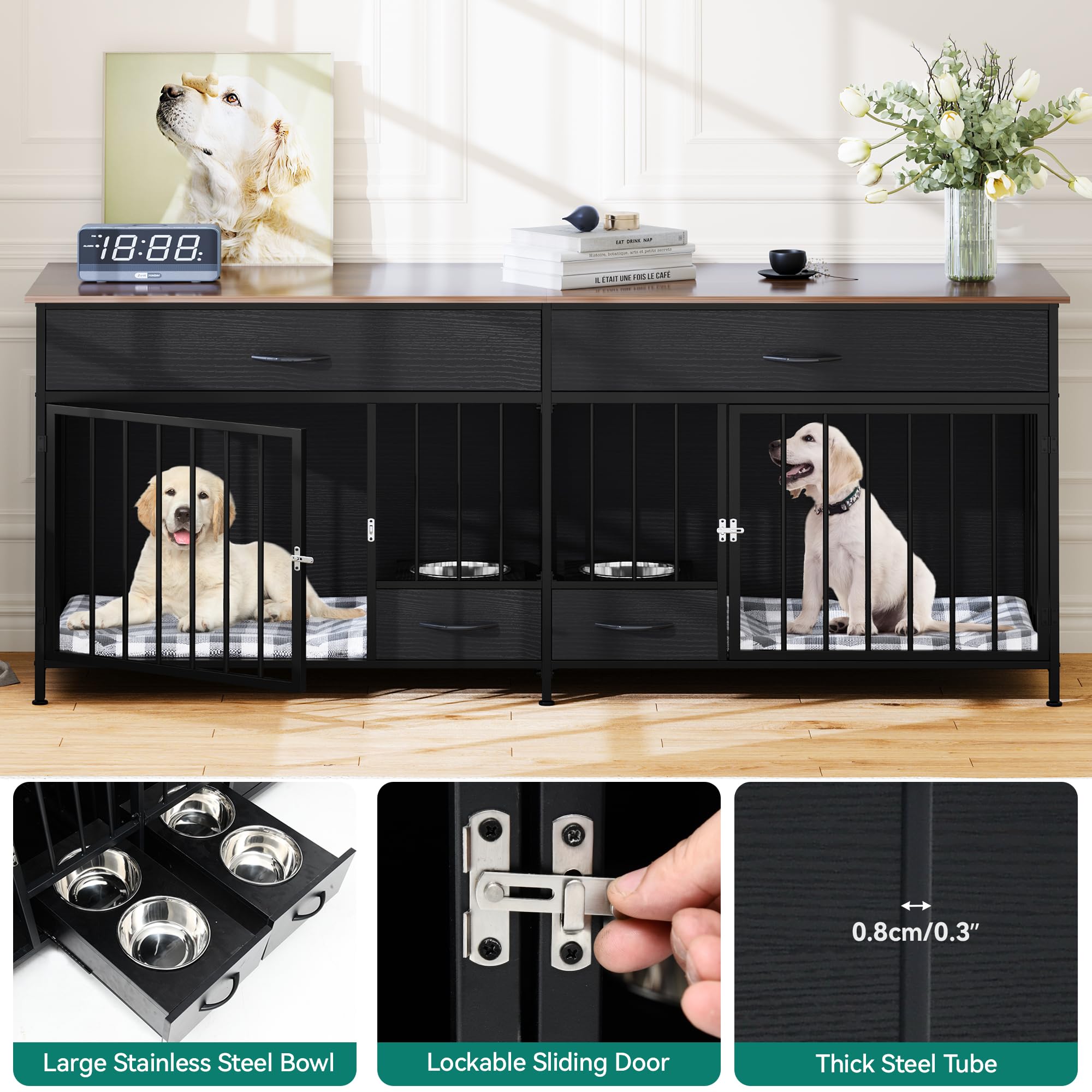 DWVO Double Dog Crate TV Stand, 74.8" Wooden Kennel with Feeder, Black, Storage for 2 Small Medium Dogs, Model MADWVg5Sqe