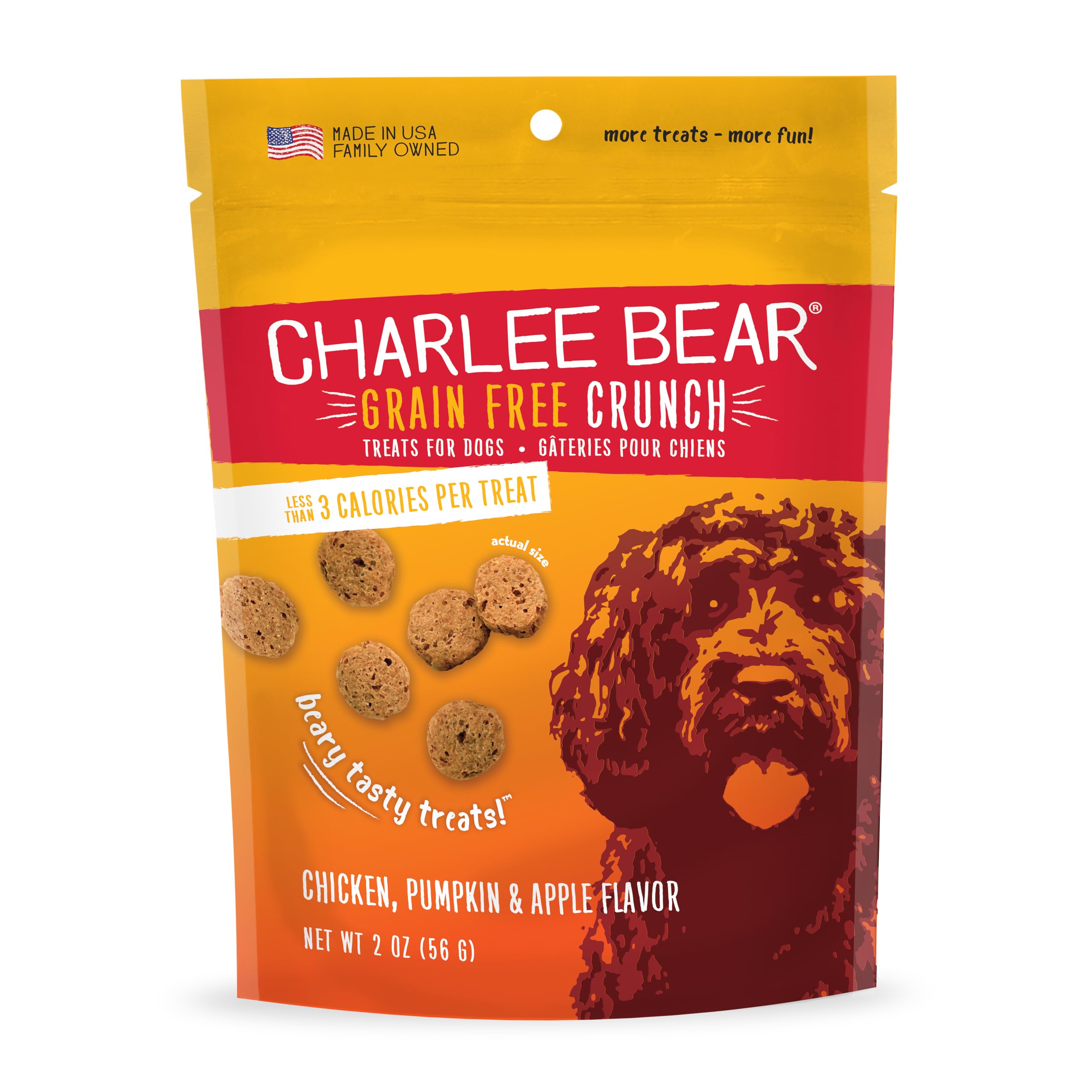 Charlee Bear Crunch Grain Free Dog Treats, Chicken, Pumpkin and Apple, 2 Ounce Resealable Bag, Low Calorie Training Treats for D