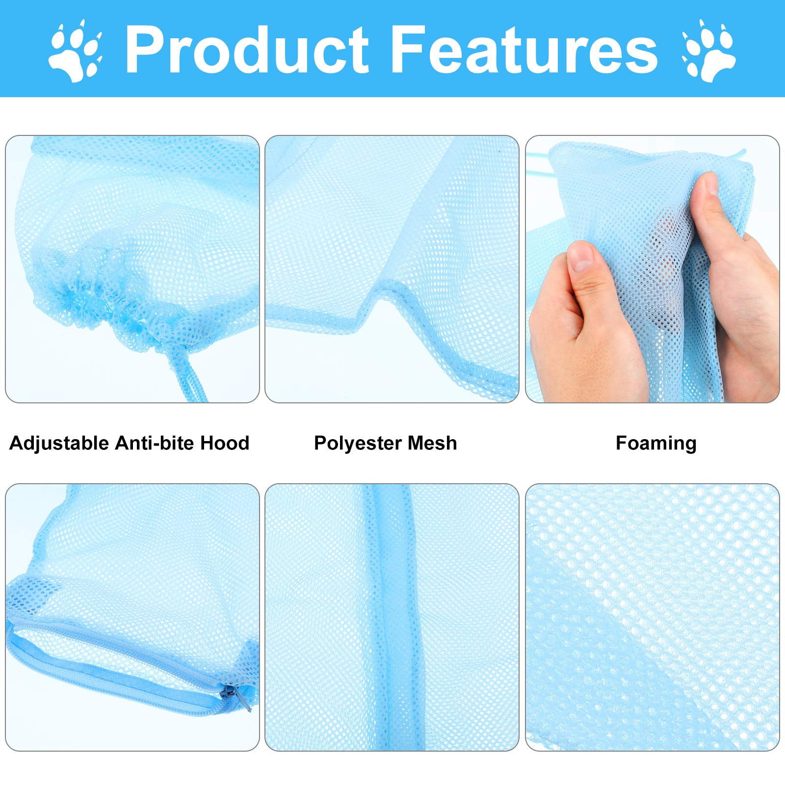 5 Pieces Cat Bathing Bag Set Cat Grooming Bag Adjustable Pet Shower Net Bag Cat Muzzles Anti-Bite Anti-Scratch Nail Clipper Tick Remover Tool Massage Brush For Pet Bathing Cleaning Trimming (Blue)