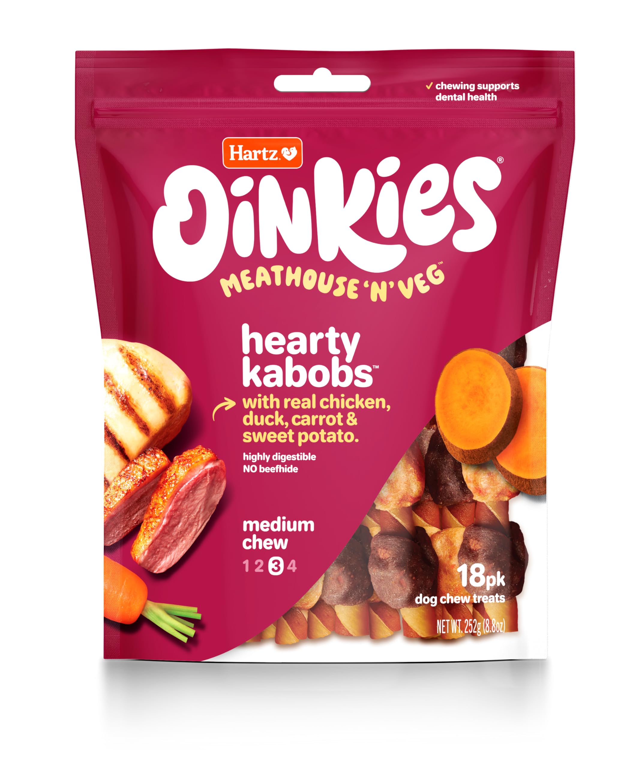 Oinkies MeathousenVeg Hearty Kabobs Dog Treats with Real Chicken, Duck, Carrots, and Sweet Potato, Long-Lasting Yet Highly Dig