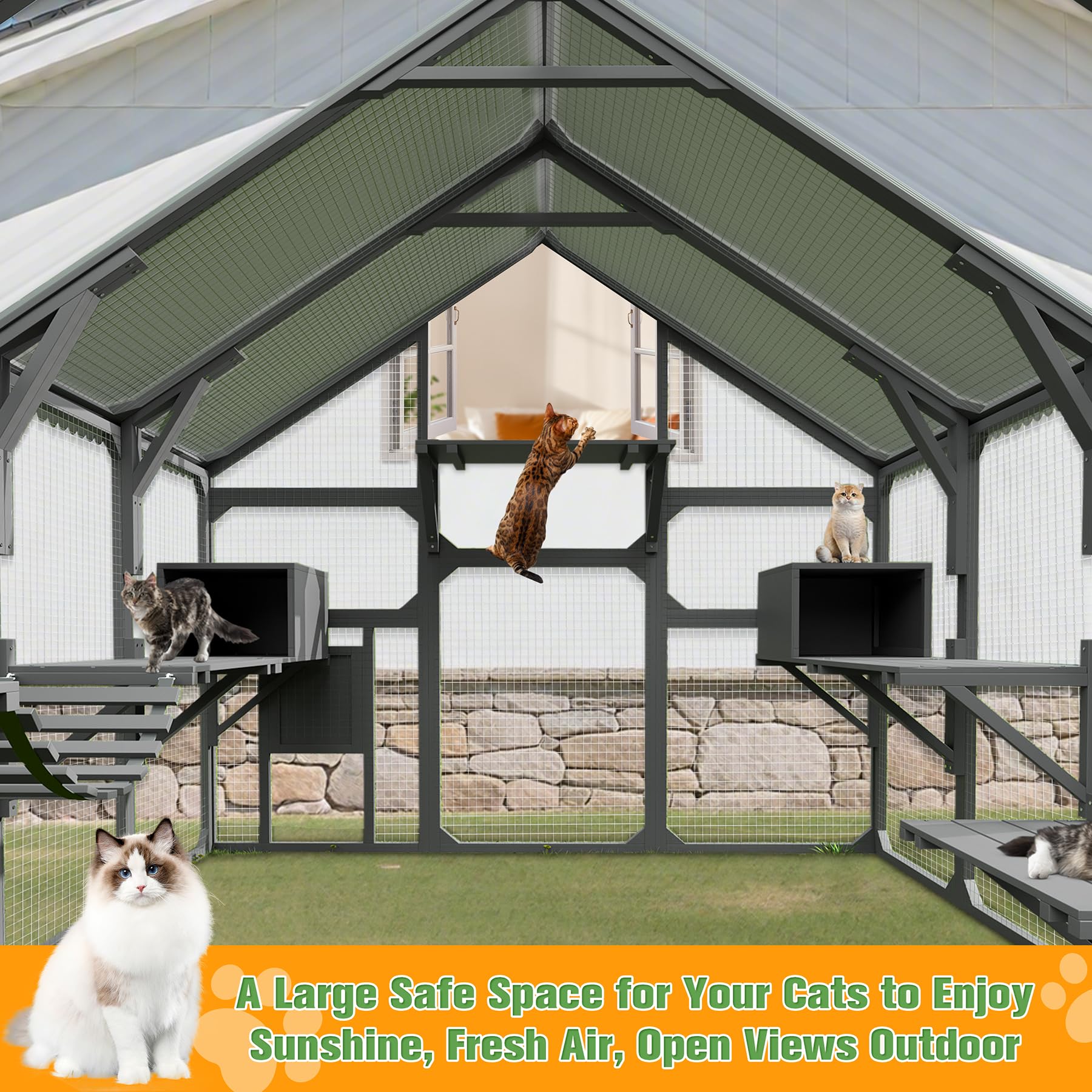 HELLYMOON 50ft Large Catio Outdoor Cat Enclosure, Solid Wood Extra Large Outdoor Cat Enclosure Kits with Waterproof Cover & Sun