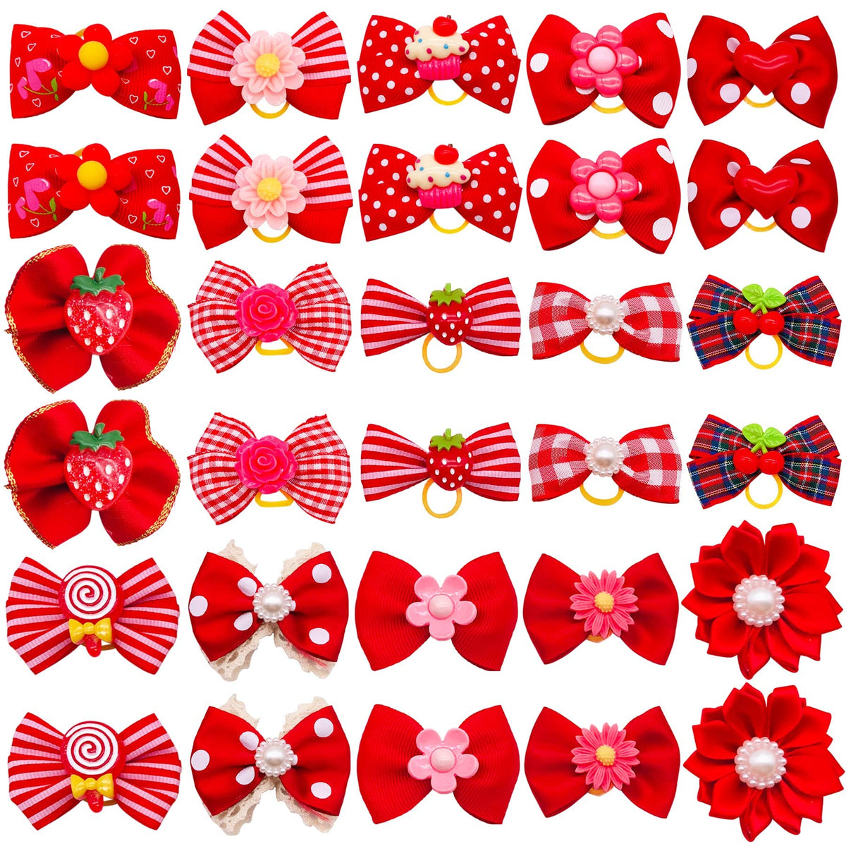 Jpgdn 30Pcs/15Pairs Dog Hair Bows With Rubber Bands Puppy Hair Bowknot Top Knot Elastic Red For Girl Female Doggy Cat Rabbit Poodle Pet Animal Grooming Accessories Attachment