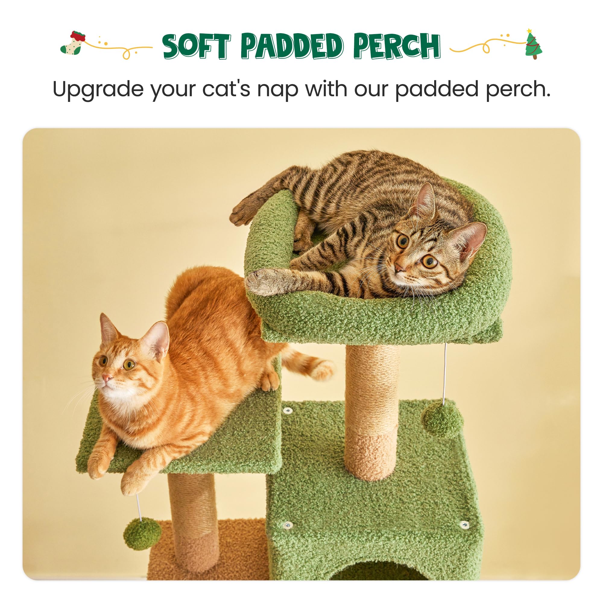 Mwpo 63.8 Inches Green Cat Tree For Indoor Cats, Multi-Level Cat Tower With Sisal-Covered Scratching Posts, Padded Platform, Ham