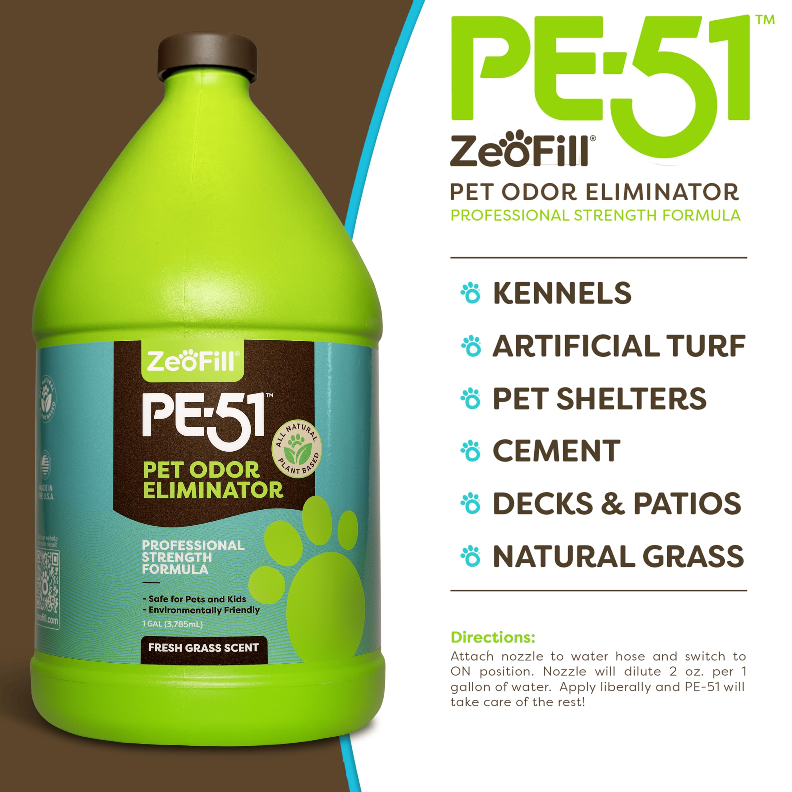 Zeofill Pe-51 Pet Odor Eliminator - Professional Strength Urine Enzyme Cleaner | Pet, Turf & Yard Smell Remover | Cat & Dog Pee