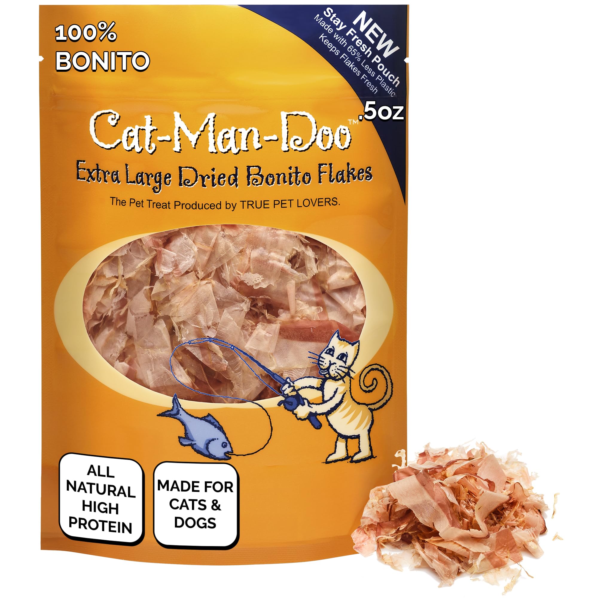 Cat-Man-Doo | Bonito - .5 oz. Bag | Bonito Fish Flakes for Cat & Dog Treats | Healthy, Single Ingredient, Treat or Food Topper, 