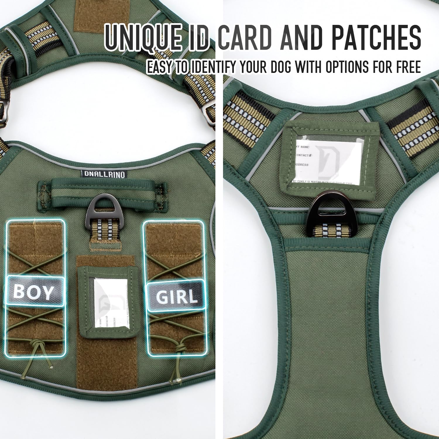 Dnallrino Tactical Dog Harness For Medium Large Dogs, Green Dog Harness With Id Card, Reflective Hiking Harness For Training Eas