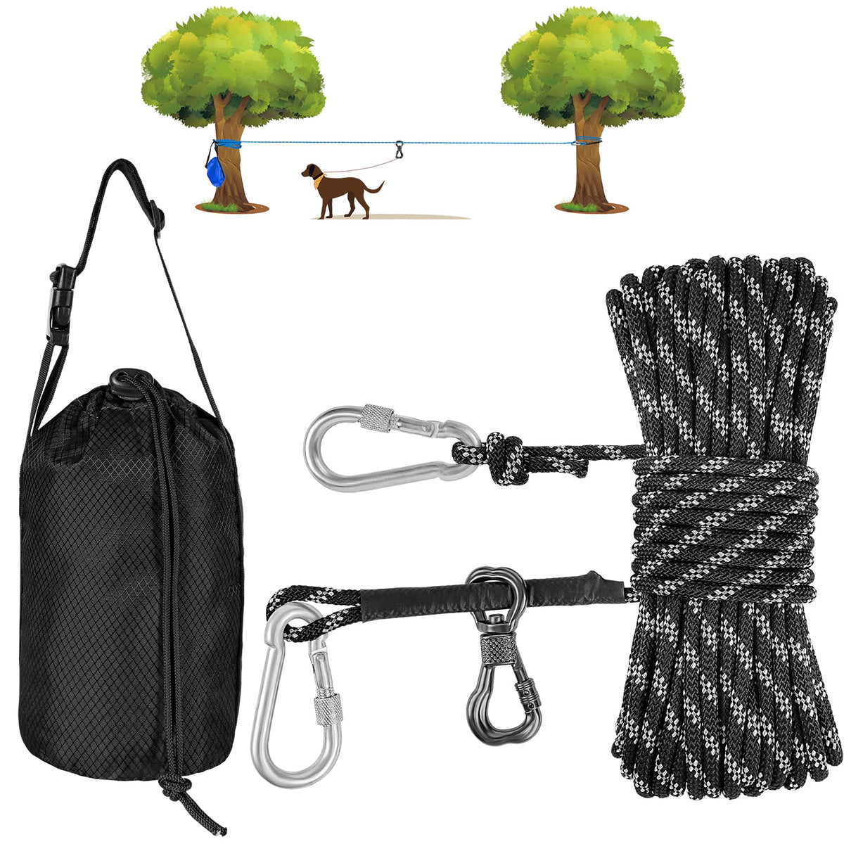 Xiaz Dog Camping Leash, 50Ft Portable Overhead Trolley System For Dogs Up To 200Lbs, Dog Tie Out Cable, Camping, Parks, Outdoor Events,5 Min Set-Up,Black