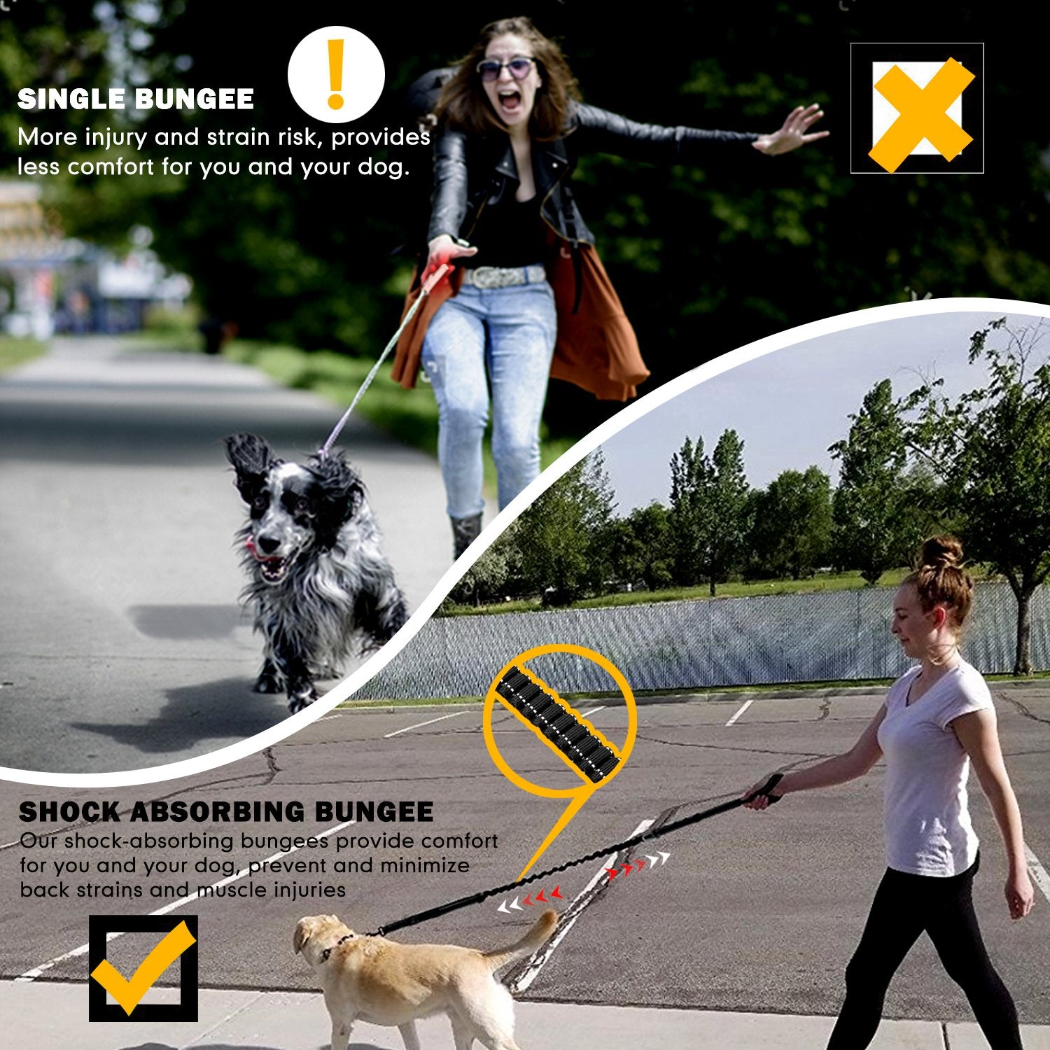 Fashion&Cool Heavy Duty Dog Leash Especially Large Dogs Up To 150Lbs, 4-6 Ft Reflective Dog Walking Training Shock Absorbing Bungee Leash Car Seat Belt Buckle, 2 Padded Traffic Handle Extra Control