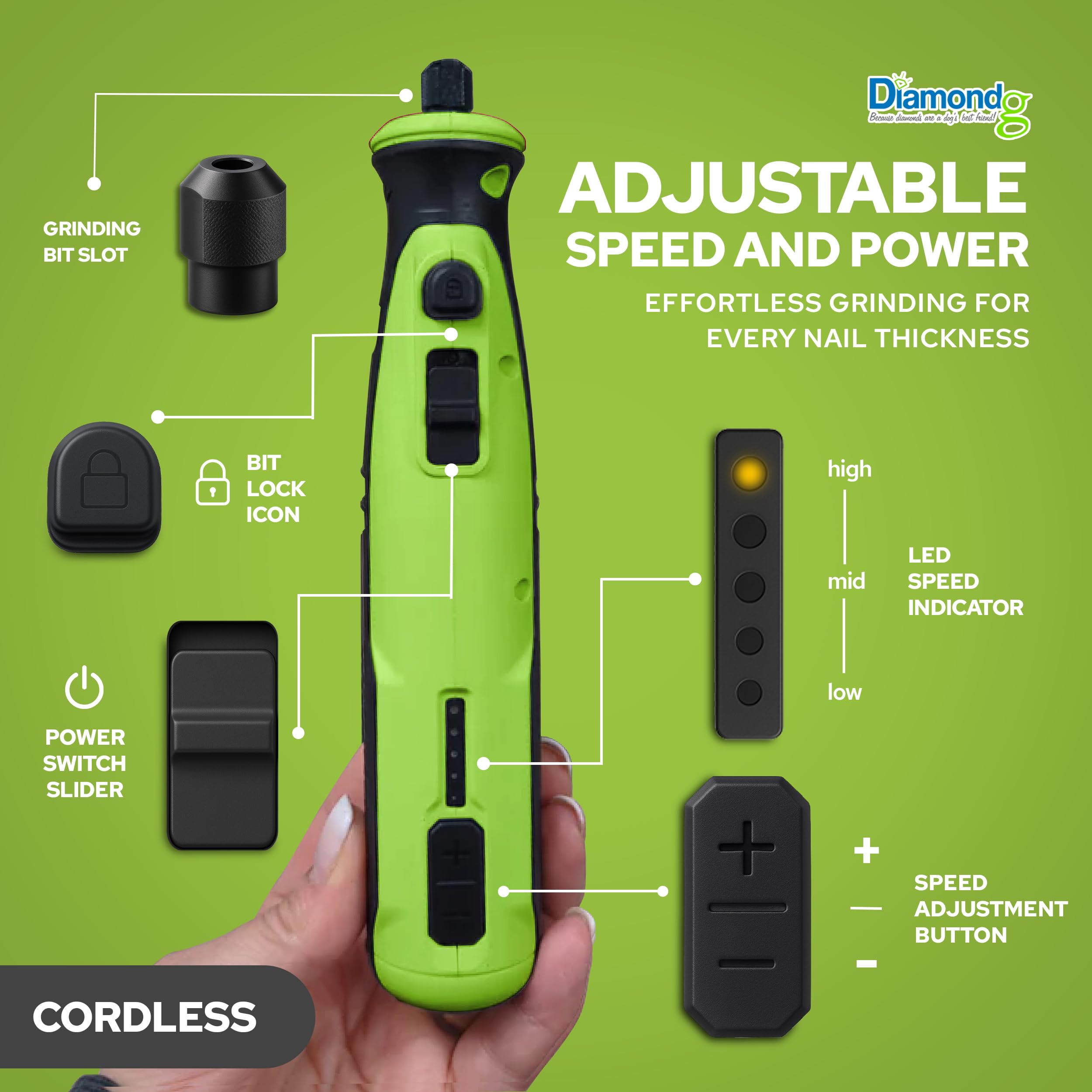 Diamondg Cordless Dog Nail Grinder - Quiet, LED Tip, 4hrs Runtime, Heavy Duty Electric Trimmer for Large & Small Dogs, Green