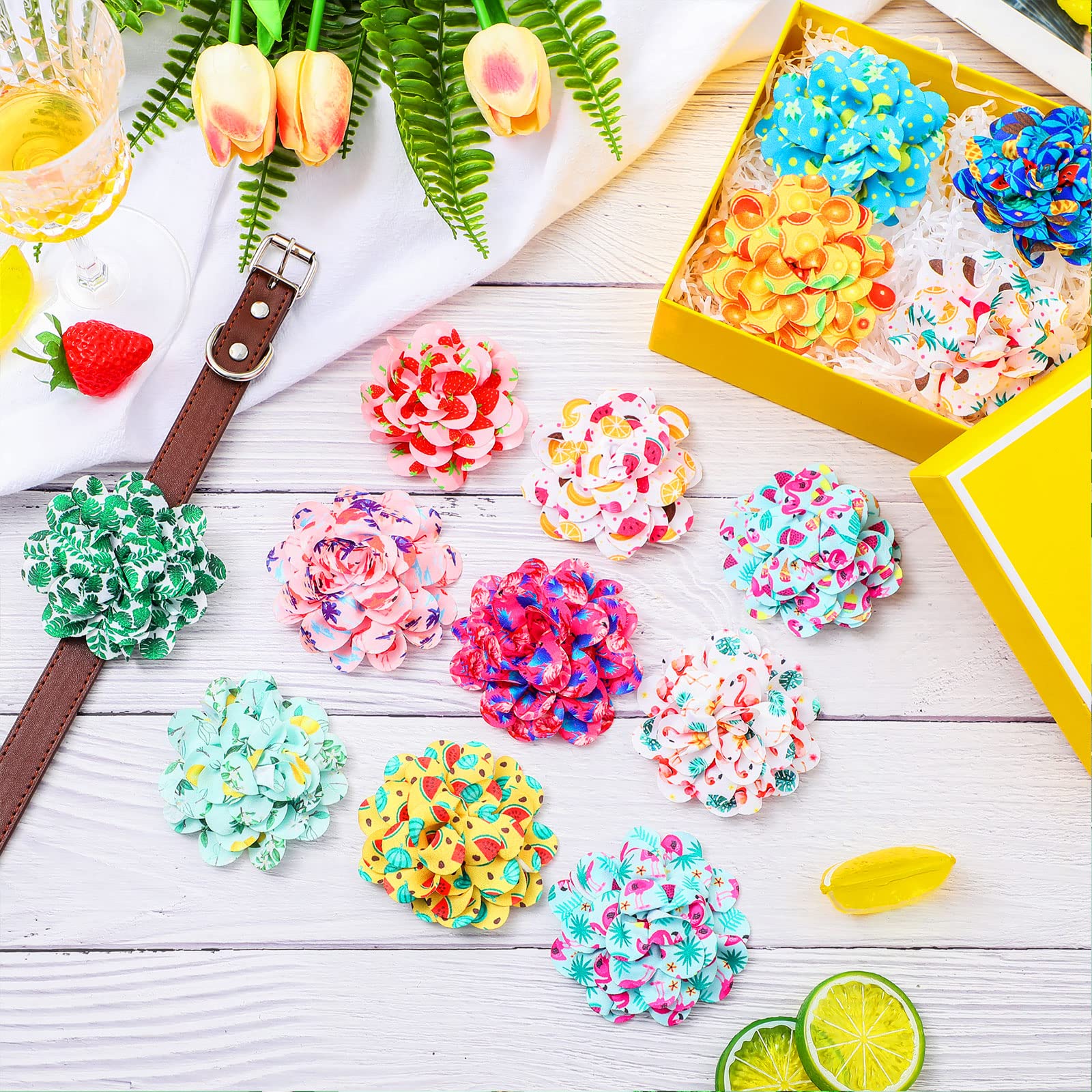 Hillban 80 Pieces Dog Collar Flowers Hawaiian Summer Dog Flowers Charms Grooming Accessories Collar Set Bow Tie For Puppy Cat At