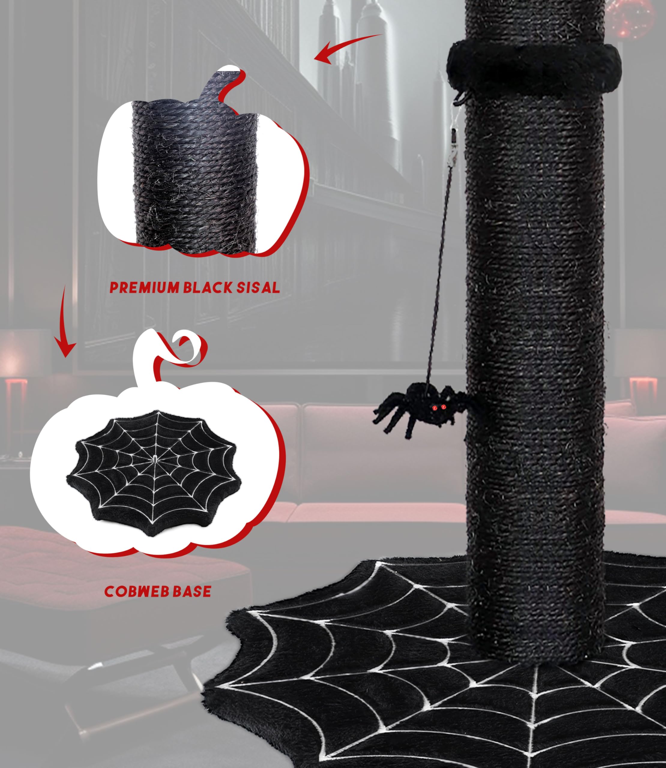Puzzlepaw Gothic Cat Scratching Post With Spider Dangling Toys For Indoor Cats, Halloween Spooky Cat Scratcher,Activity Cat Play