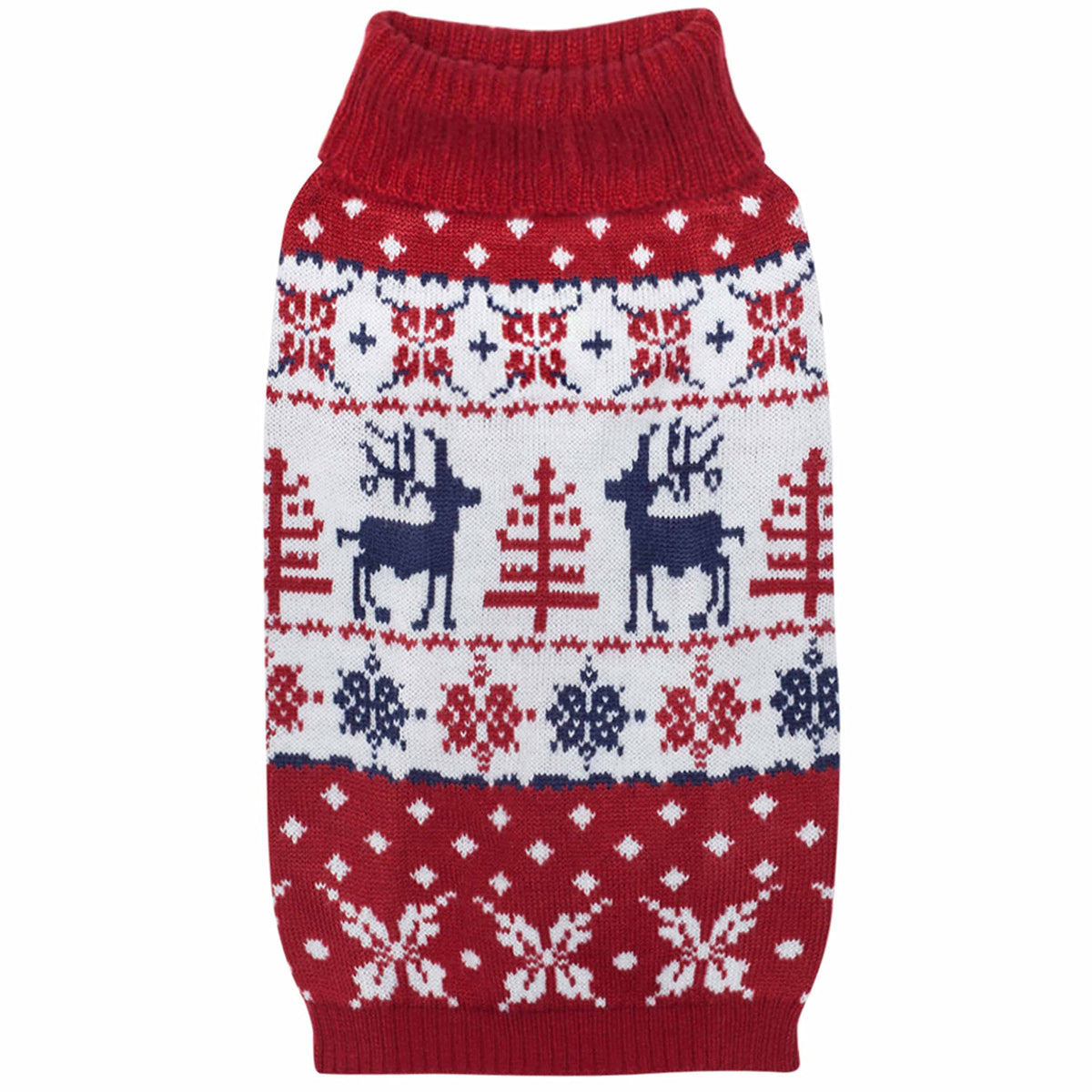 Blueberry Pet Ugly Christmas Reindeer Dog Sweater Turtleneck Holiday Family Matching Clothes For Dog, Tango Red & Navy Blue, Back Length 14', Warm Winter Outfit For Medium Dogs