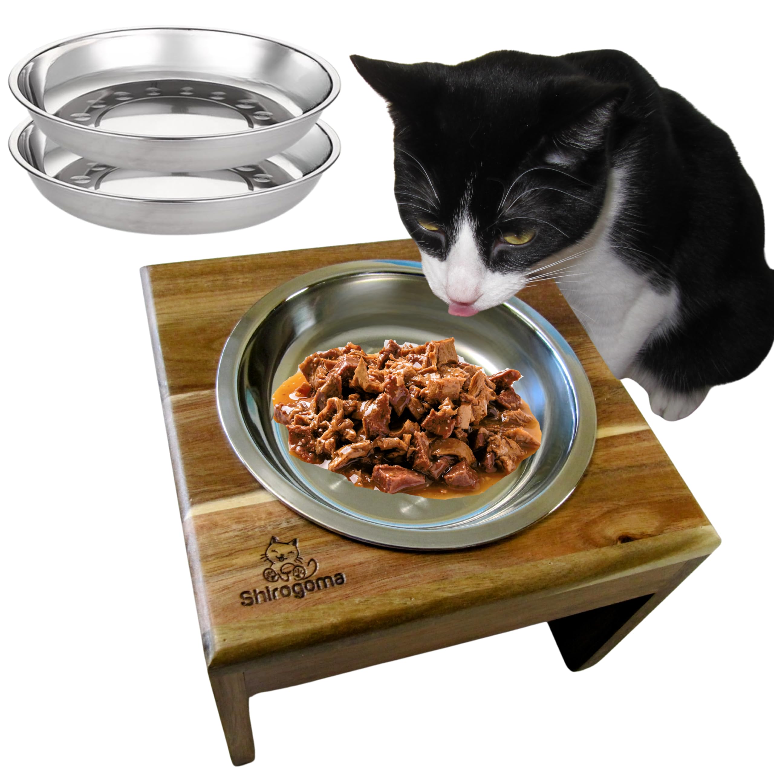 SHIROGOMA Raised Cat Bowls, 6.25 in Wide, 6 Elevated Cat Feeding Stand (with 2 Stainless Steel Bowls: 12 oz/1.5 Cup), Small Dogs