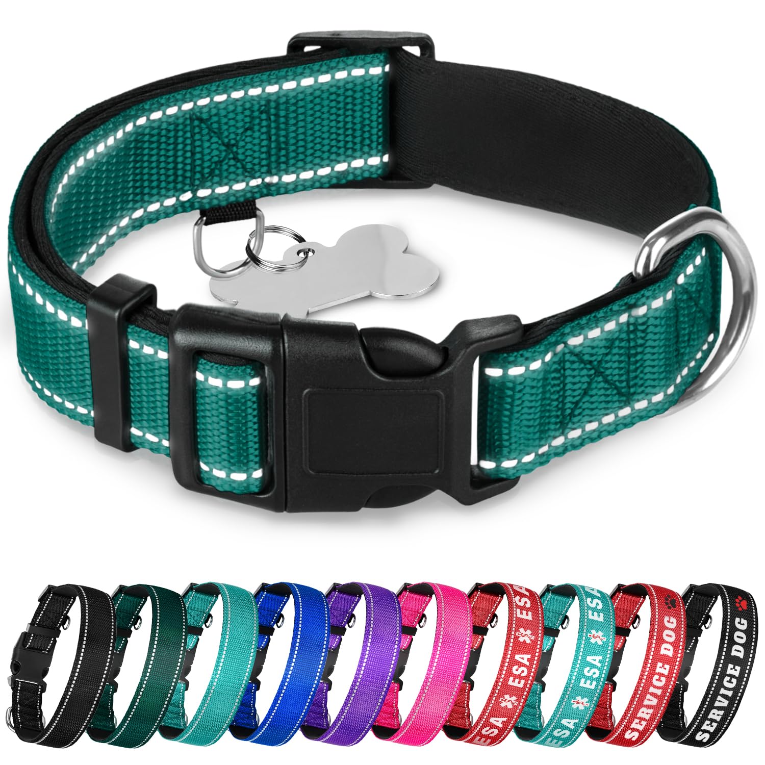 Teceum Reflective Pet Collar - Dark Emerald Green - S - Extra Soft Padding - Nylon Dog Collar - Quick Release Buckle - Fits Smal