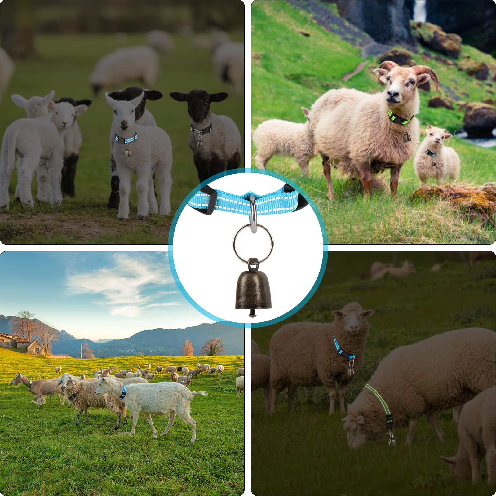 GINDOOR 5 Pack Reflective Goat Collars with Bells, Cow Horse Sheep Grazing Copper Bells and Adjustable Nylon Collar Set Pet Anti
