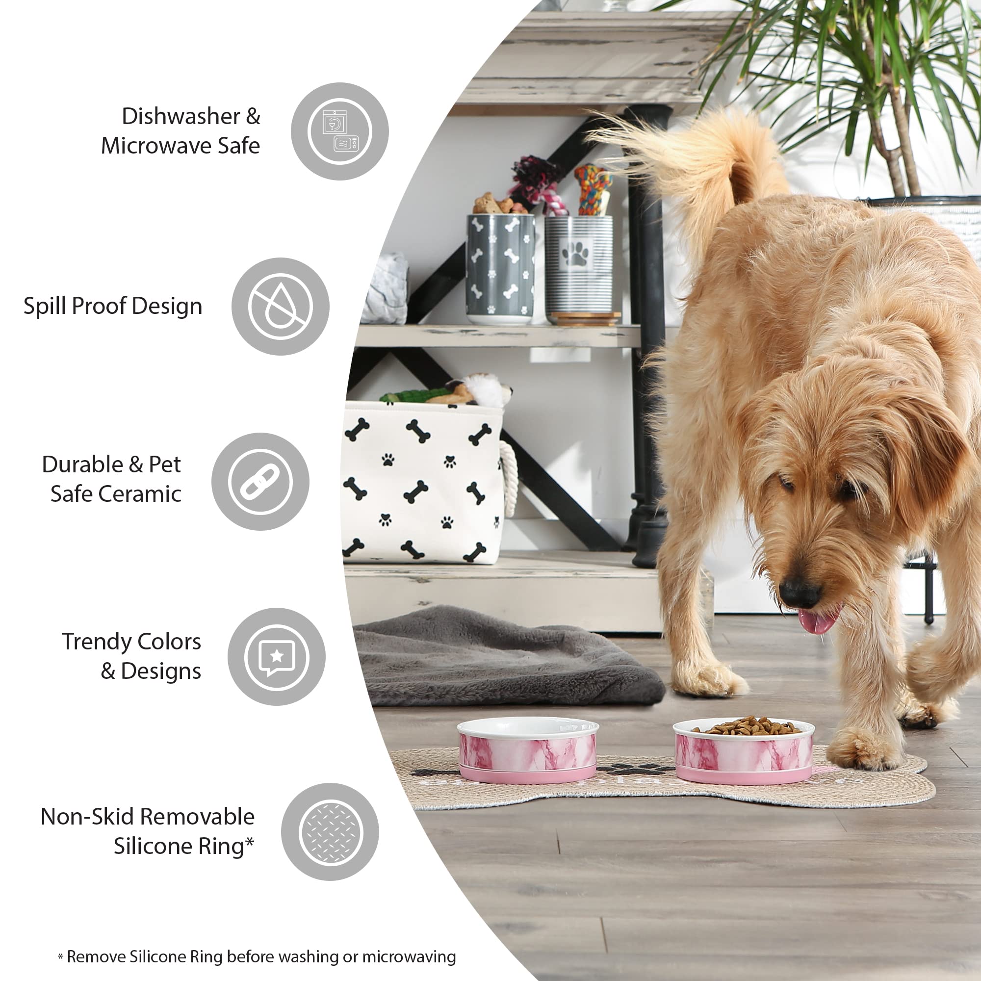 Bone Dry Ceramic Cat Bowls, Microwave & Dishwasher Safe, Large Set, 7.5x2.4, Gray, 2 Count