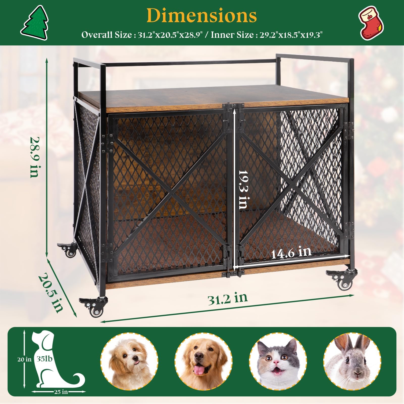 31 Dog Crate Furniture, Wooden Dog Crates for Medium Dogs, Heavy Duty Dog Kennel Indoor with Lockable Wheels, Furniture Style