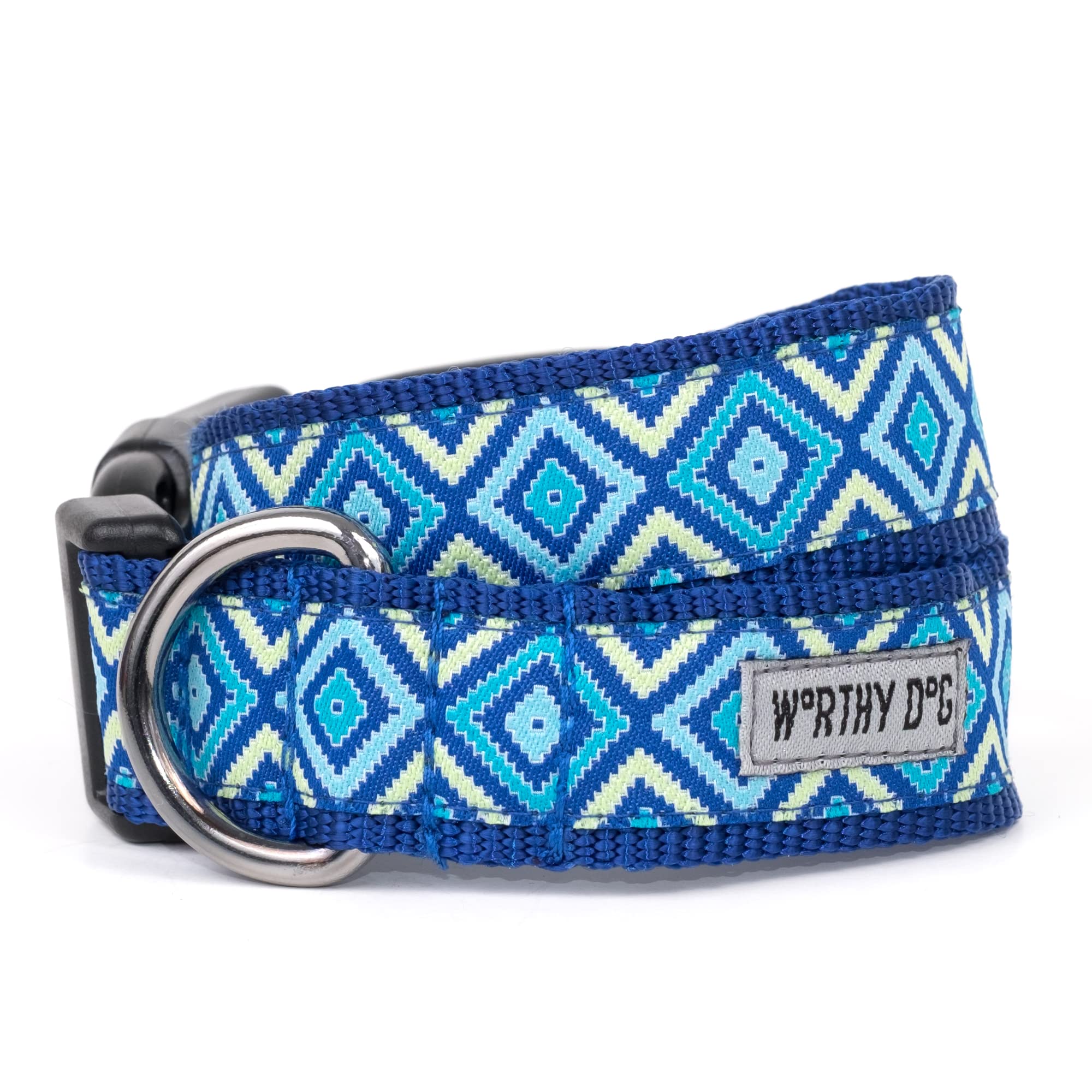 The Worthy Dog Graphic Diamond Dog Collar, Nylon Adjustable Pet Collar, Strong Quick Release Buckle, Blue - Small