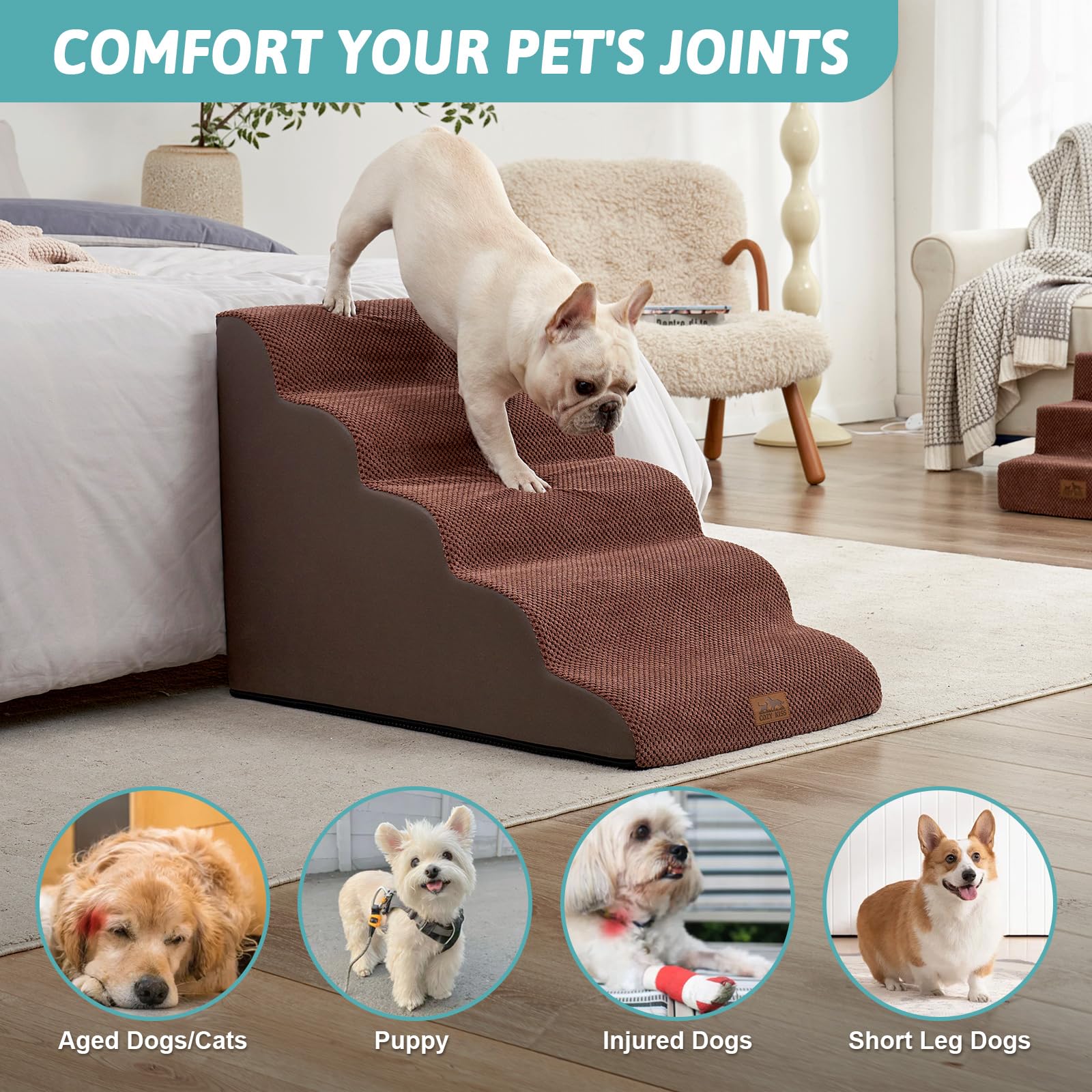 Cozy Kiss Wide Dog Stairs For Large Dogs 19.7'' Width, Dog Step For Small Dog, Puppy Or Cat, Medium Pet Ramp For High Bed Or Car