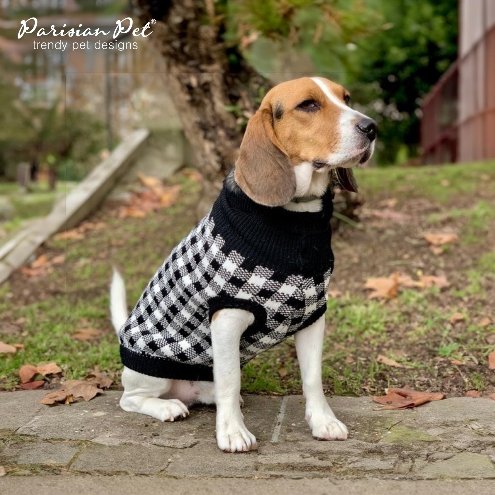 Parisian Pet Dog Sweaters - Pullover, Turtleneck White And Black Checkered Sweater - Cable Knit Plaid Dog Christmas Outfit - Fall, Winter Dog Clothes - Flexible Dog Sweater For Small Dogs - S