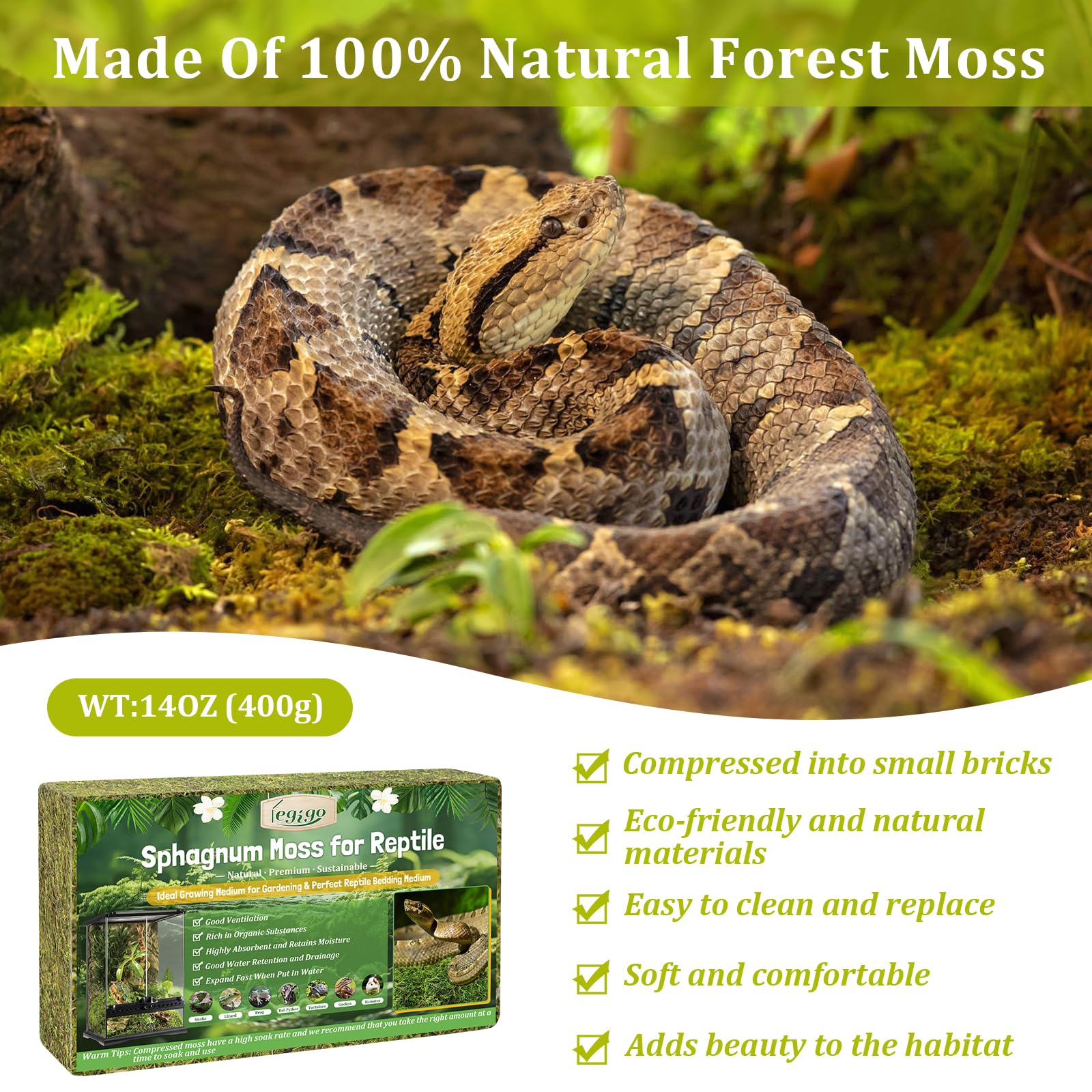 Legigo 14 Oz Sphagnum Moss For Reptile- 16 Qt Natural Reptile Moss Terrarium Moss Substrate, Snake Tank Moss Peat Moss Reptile B