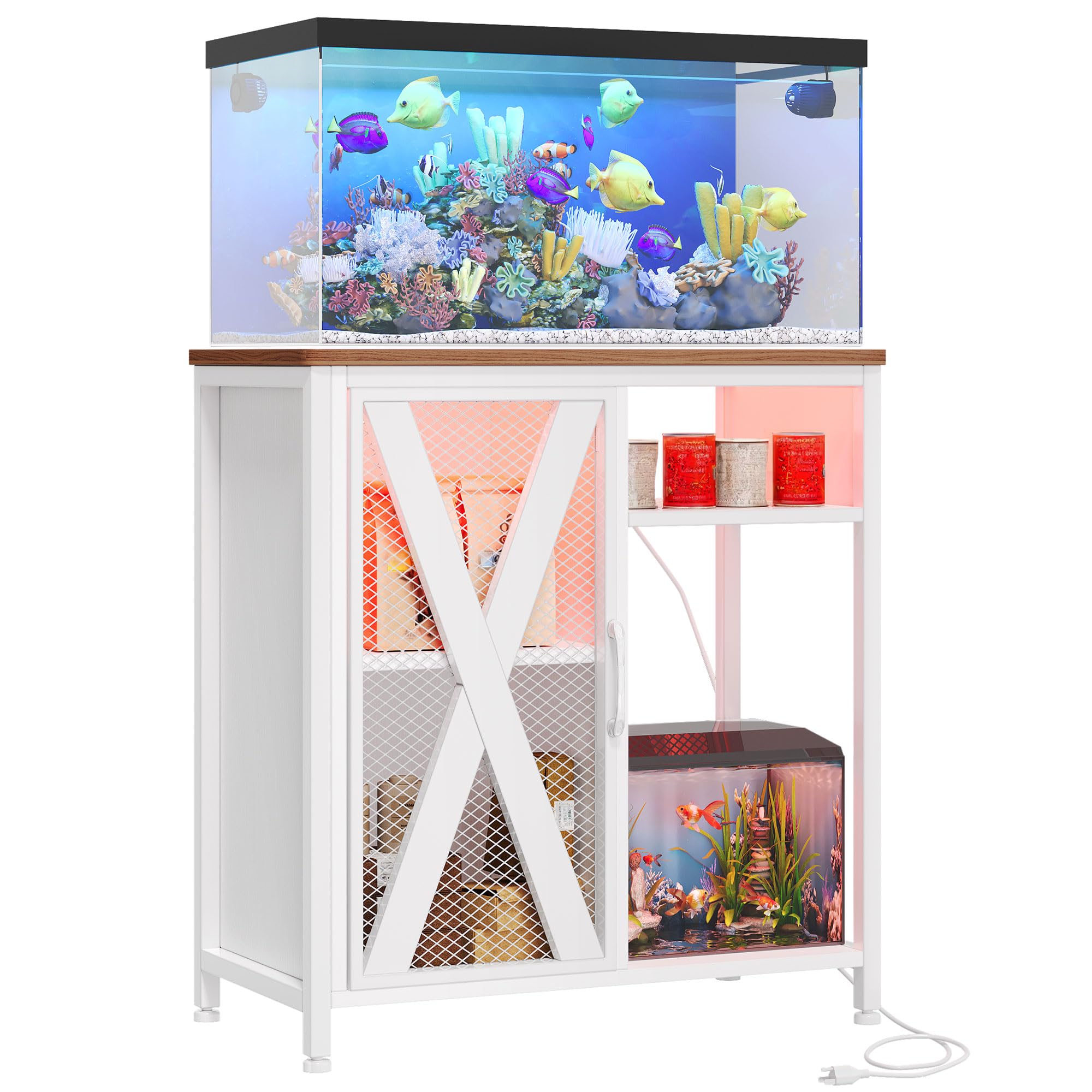 YITAHOME Fish Tank Stand with Power Outlets & LED Light, 20-29 Gallon Metal Aquarium Stand with Cabinet for Fish Tank Accessorie