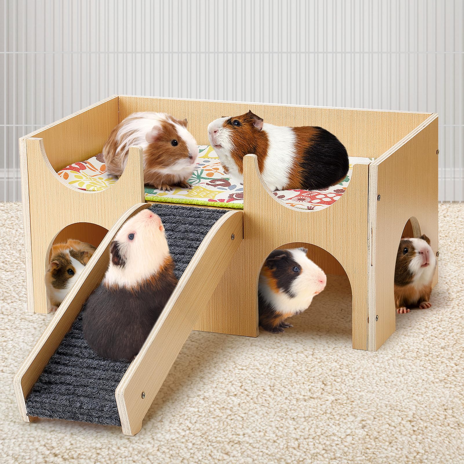 Upgraded Guinea Pig Castle, Sturdy Wooden Guinea Pig Hideout, Small Animal House Bed Hut Habitats with Stairs, Easy to Assemble 