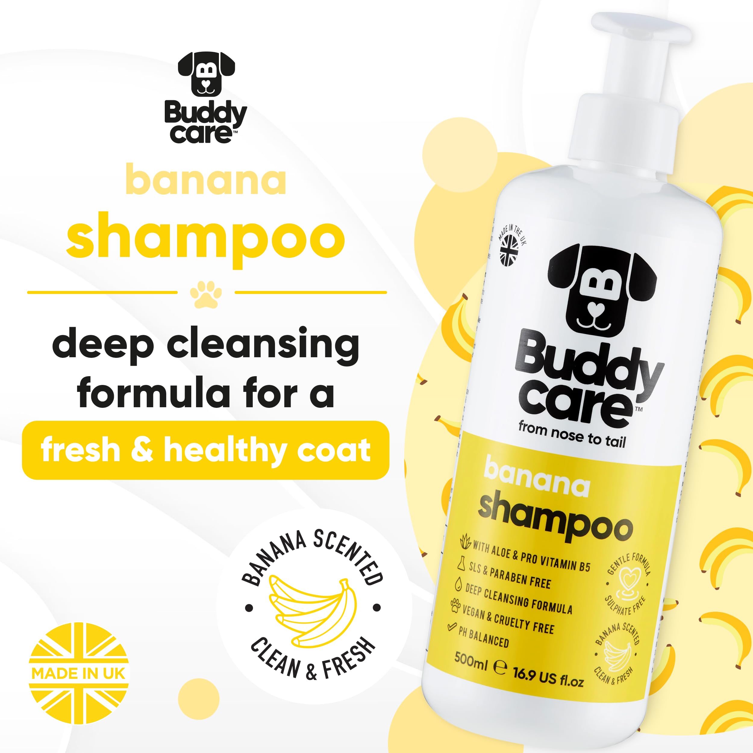 Buddycare Banana Dog Shampoo | Deep Cleansing with Aloe Vera & Pro Vitamin B5 | 16.9oz | Banana Scented