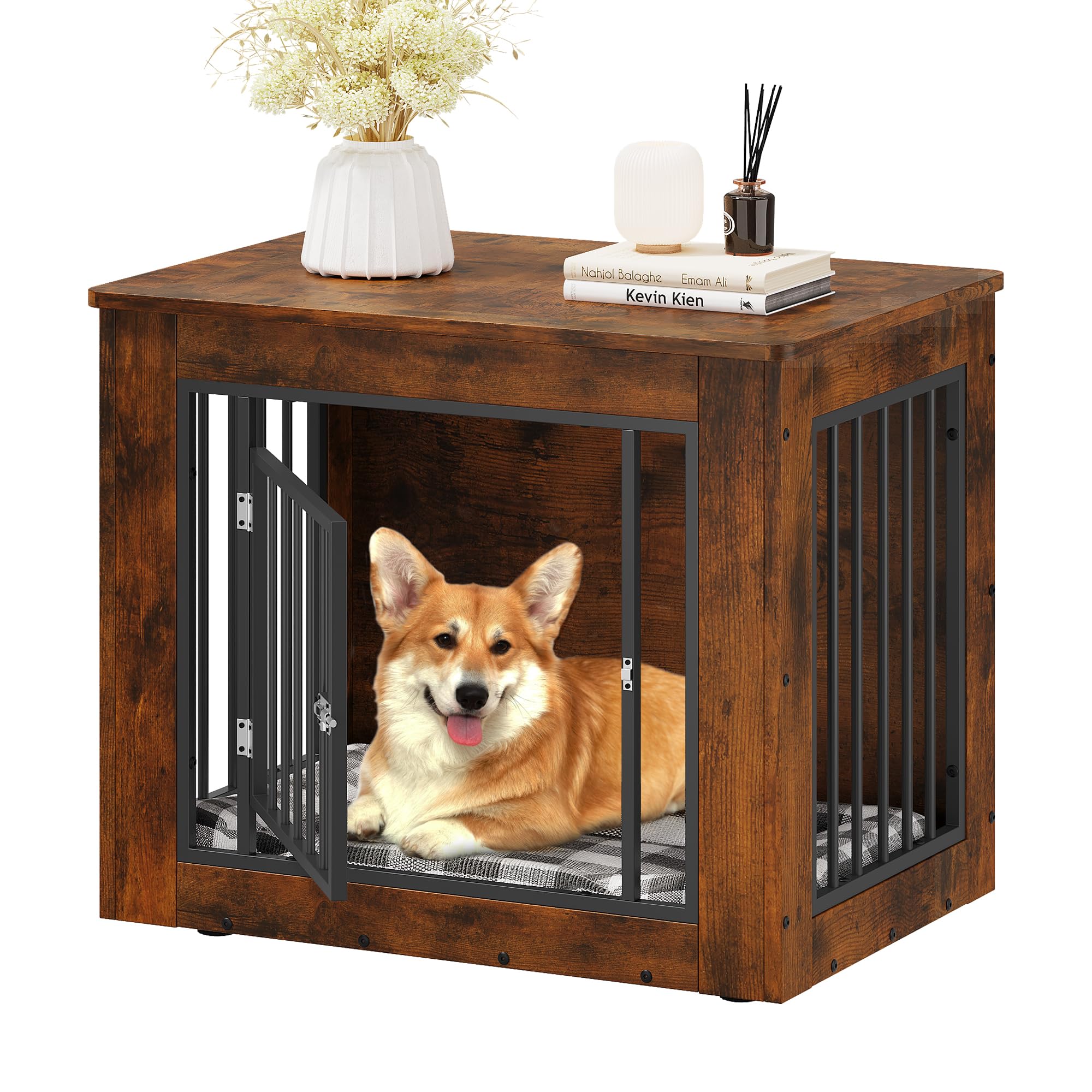 YITAHOME Dog Crate Furniture for Medium Dogs, Side End Table, Modern Dogs Kennel Indoor up to 35 lb, 2-in-1 Iron-Wood Fusion Dog