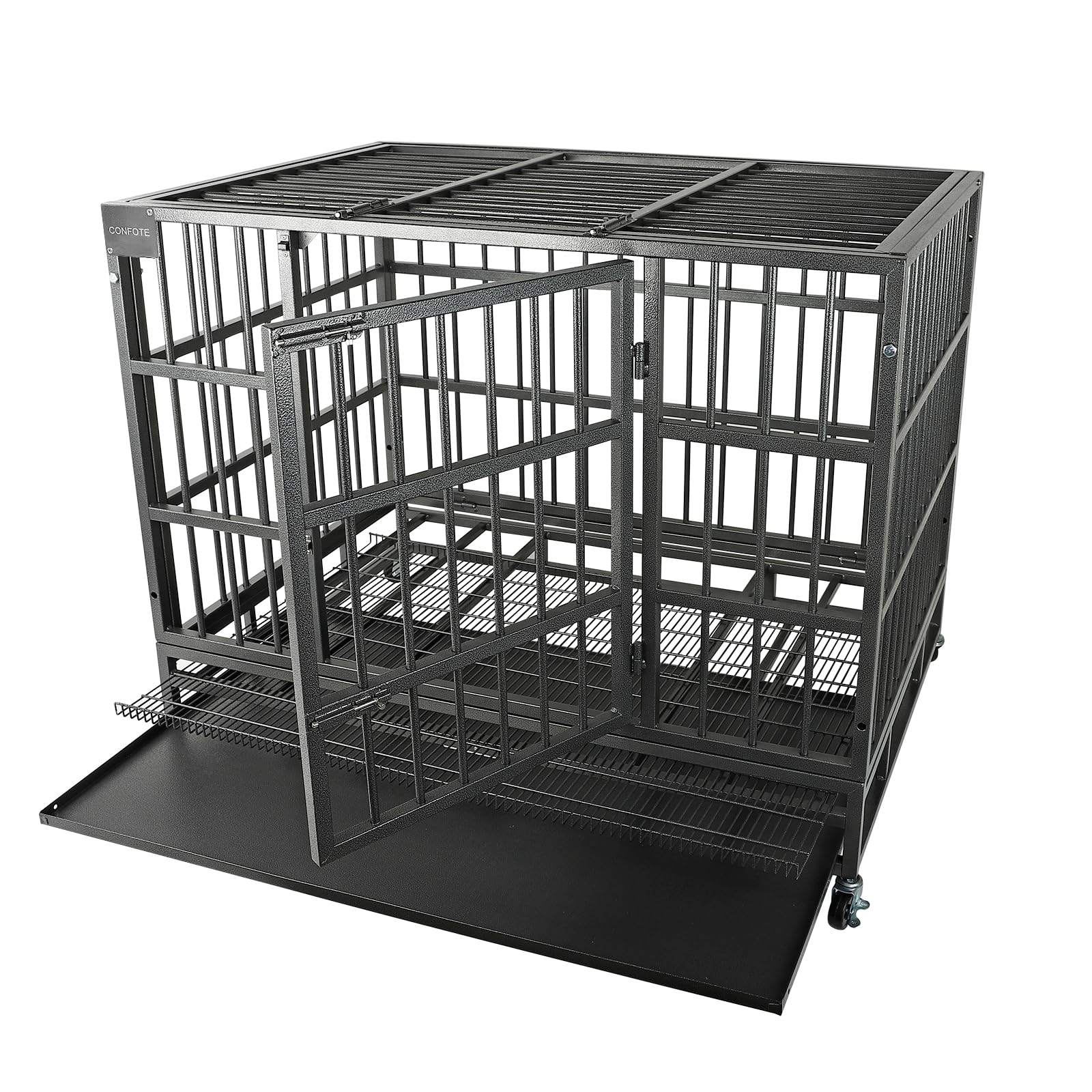 Confote 48'' Heavy Dog Duty Cage Metal Indestructible Dog Kennels Crate For Large Dogs With Double Doors & Lockable Wheels