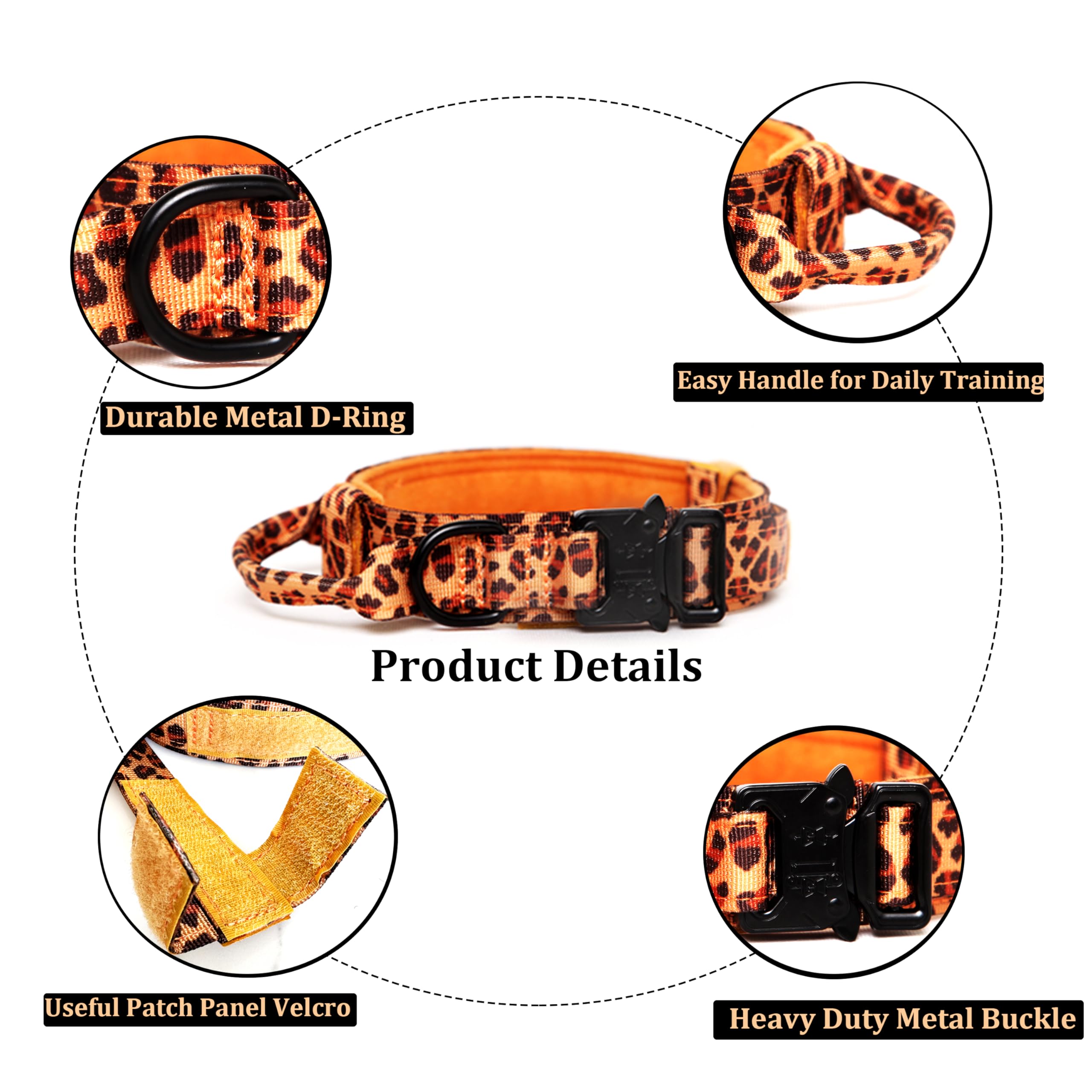 Tactical Military Dog Collar - Adjustable Nylon, Heavy Duty Metal Buckle With Handle For Training (Leopard, S)