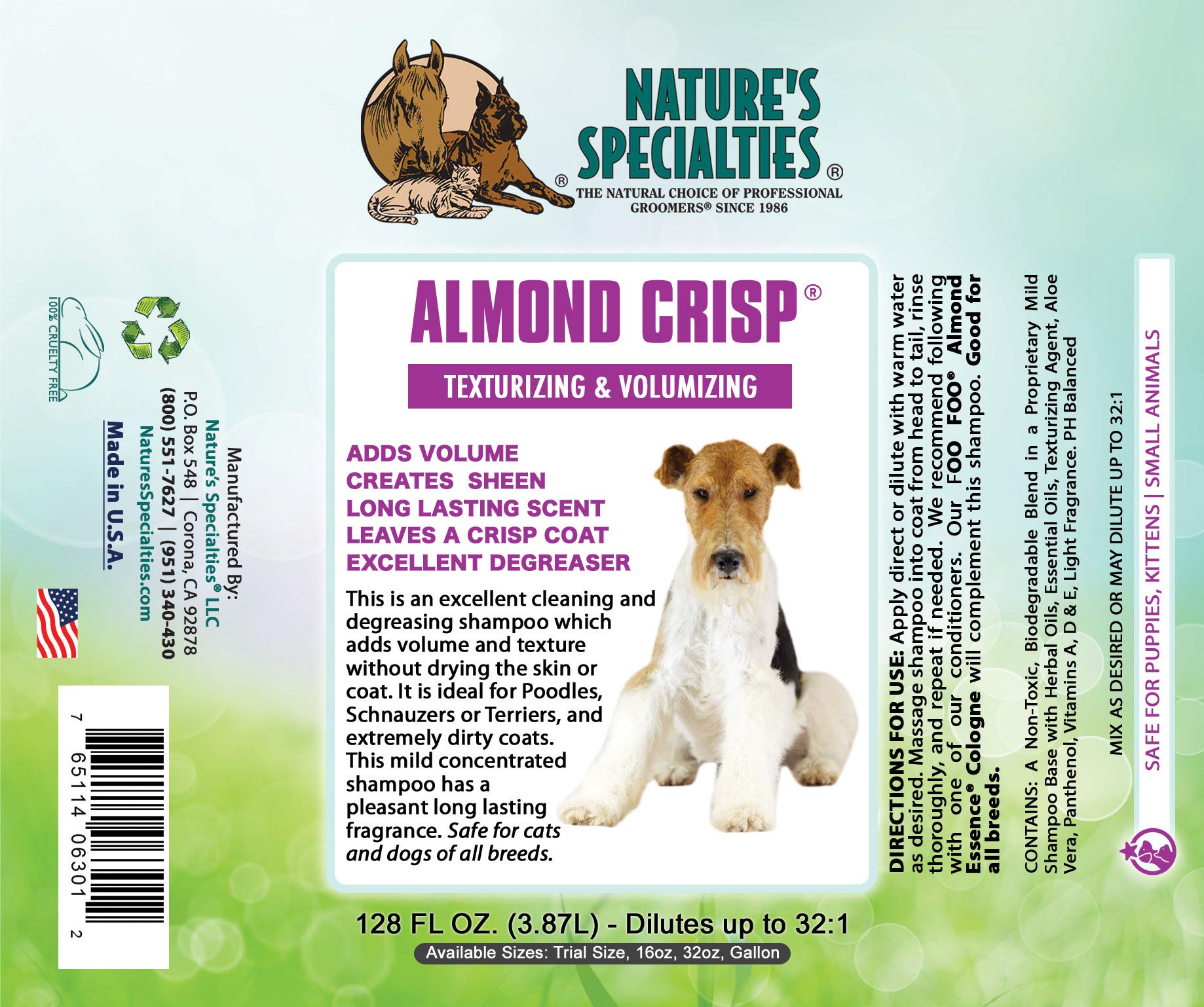 Nature'S Specialties Almond Crisp Ultra Concentrated Dog Shampoo For Pets, Make Up To 4 Gallons, Natural Choice For Professional Groomers, Texturizing And Volumizing, Made In Usa, 16 Oz