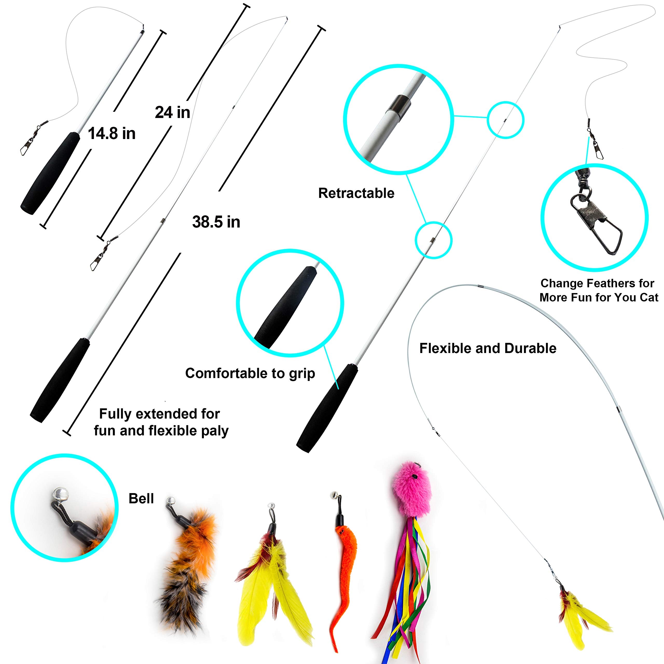 Sillypet Youngever 12 Pieces Cat Toys Teasing Feather Toy, Retractable Wand With Assorted Teaser Refills, Interactive Feather Teaser Wand Toy Bell Kitten Cat Having Fun Exerciser Playing