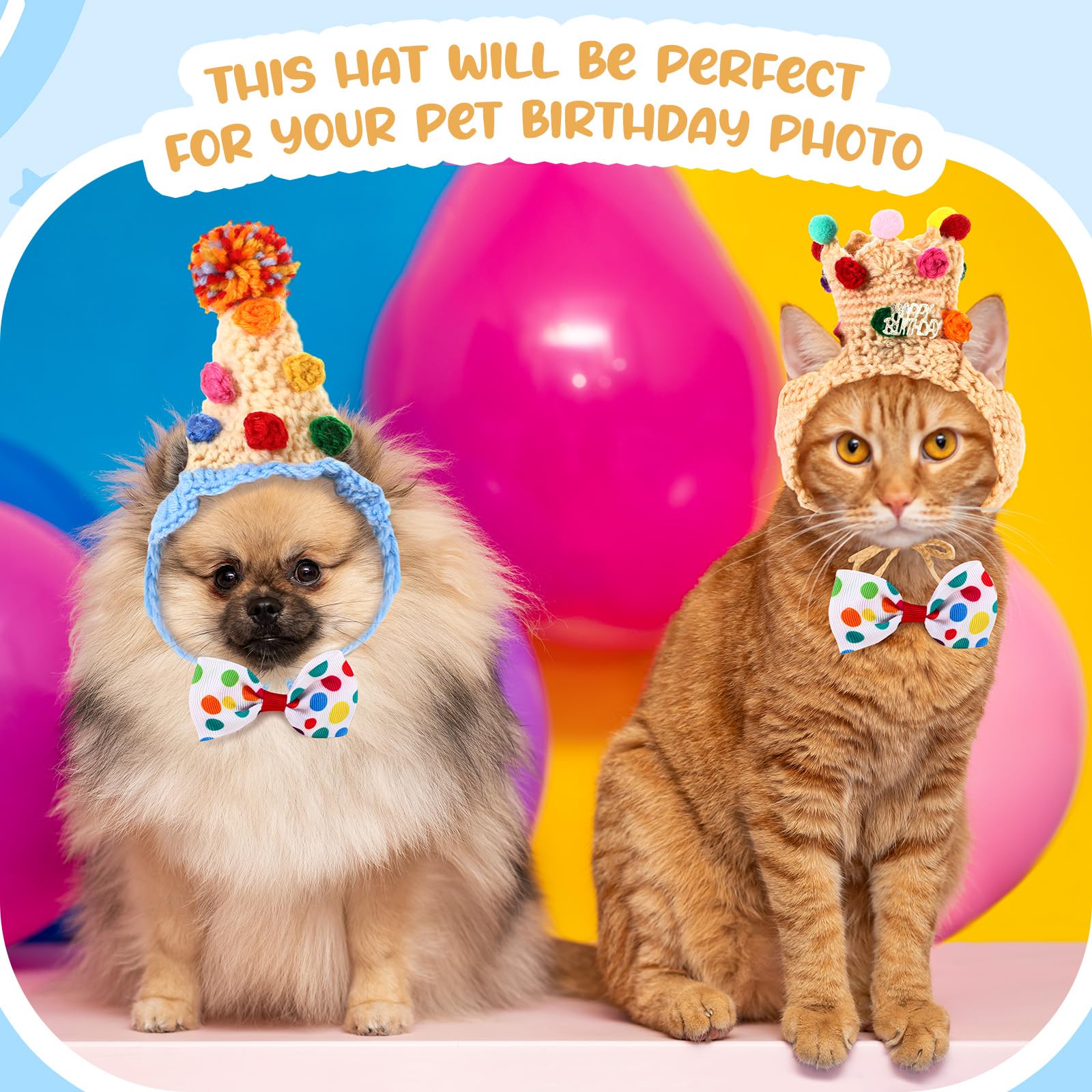 Ganeen 4 Pack Cat Birthday Hat Crochet Happy Birthday Cat Party Outfit Small Animal Top Hats Headband Rabbit Bow Tie Pet Hat Hea