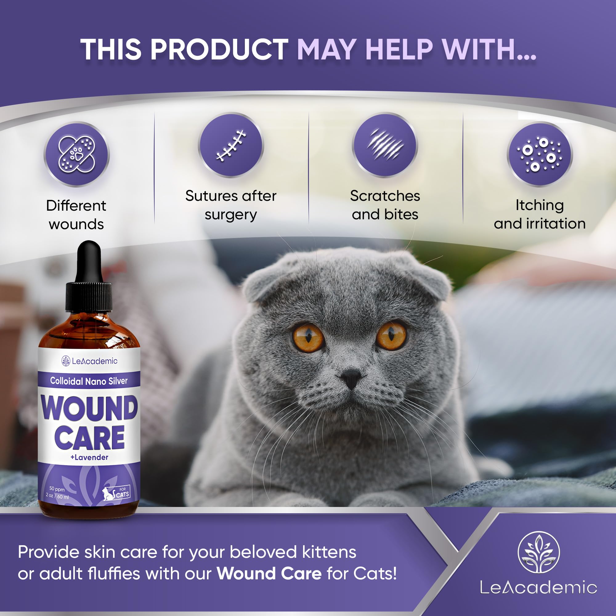 Cat Wound Care in Drops | Wound Care + Lavender | Lavender & Vitamin E Drops | Natural Ingredients | All Ages and Breeds | 2 Oz
