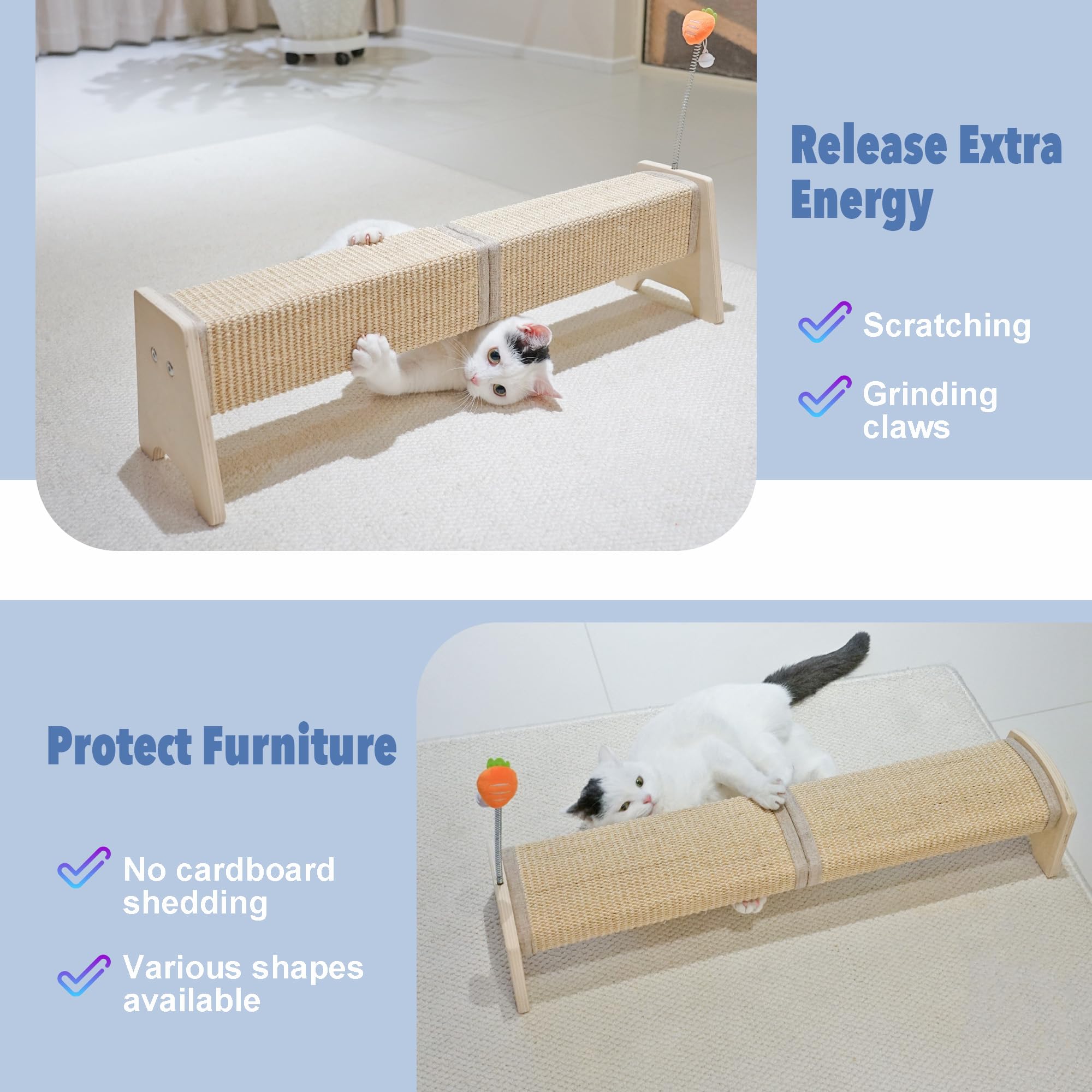 Aberatail Cat Scratching Post, 30' Horizontal Sisal Scratch Post For Indoor Cats, Durable Cat Furniture Protector With Spring T