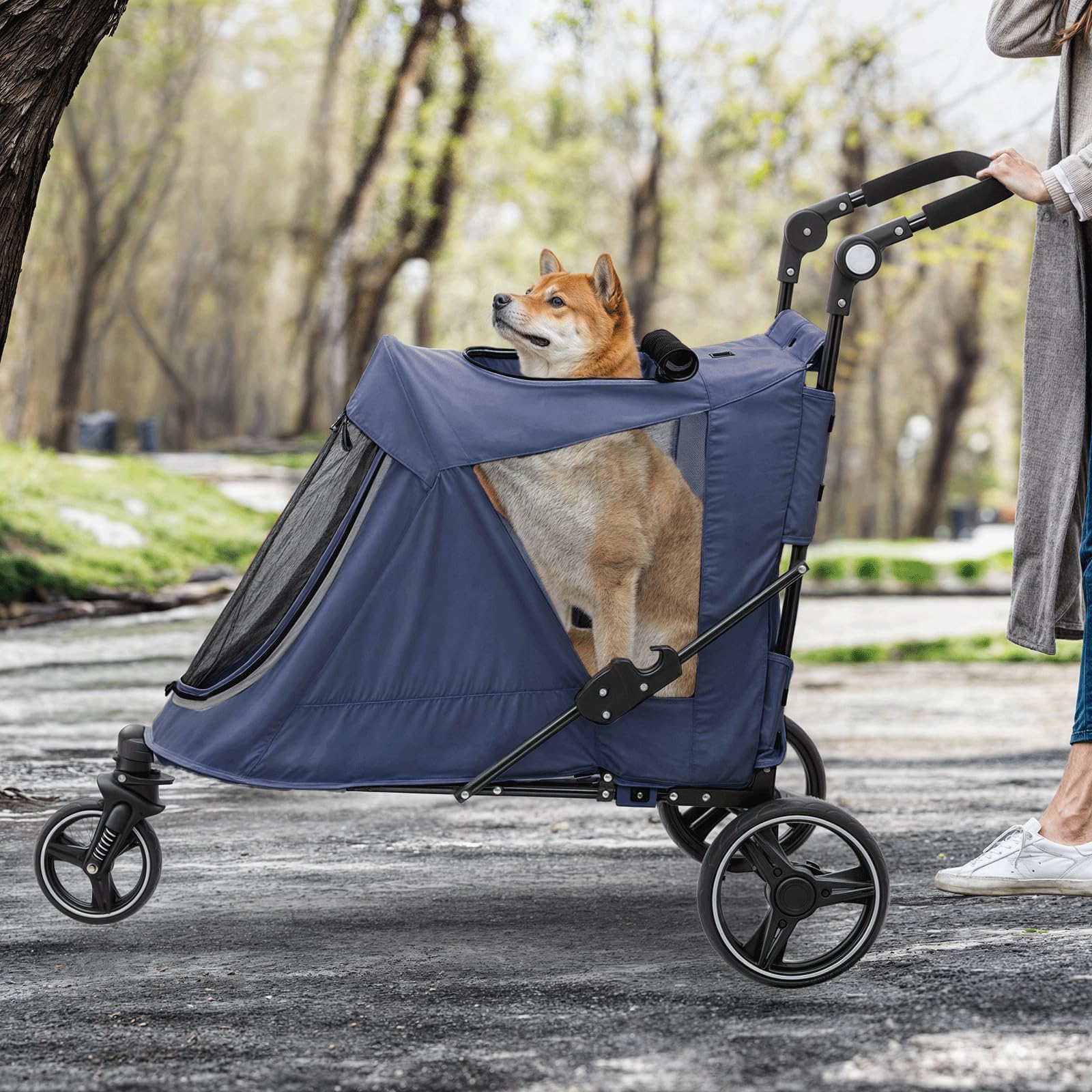Monibloom Pet Stroller For Large Dogs Or Multiple Dogs Cats With Adjustable Handle, 3-Wheels Dual Entry Portable Dog Carting Eas