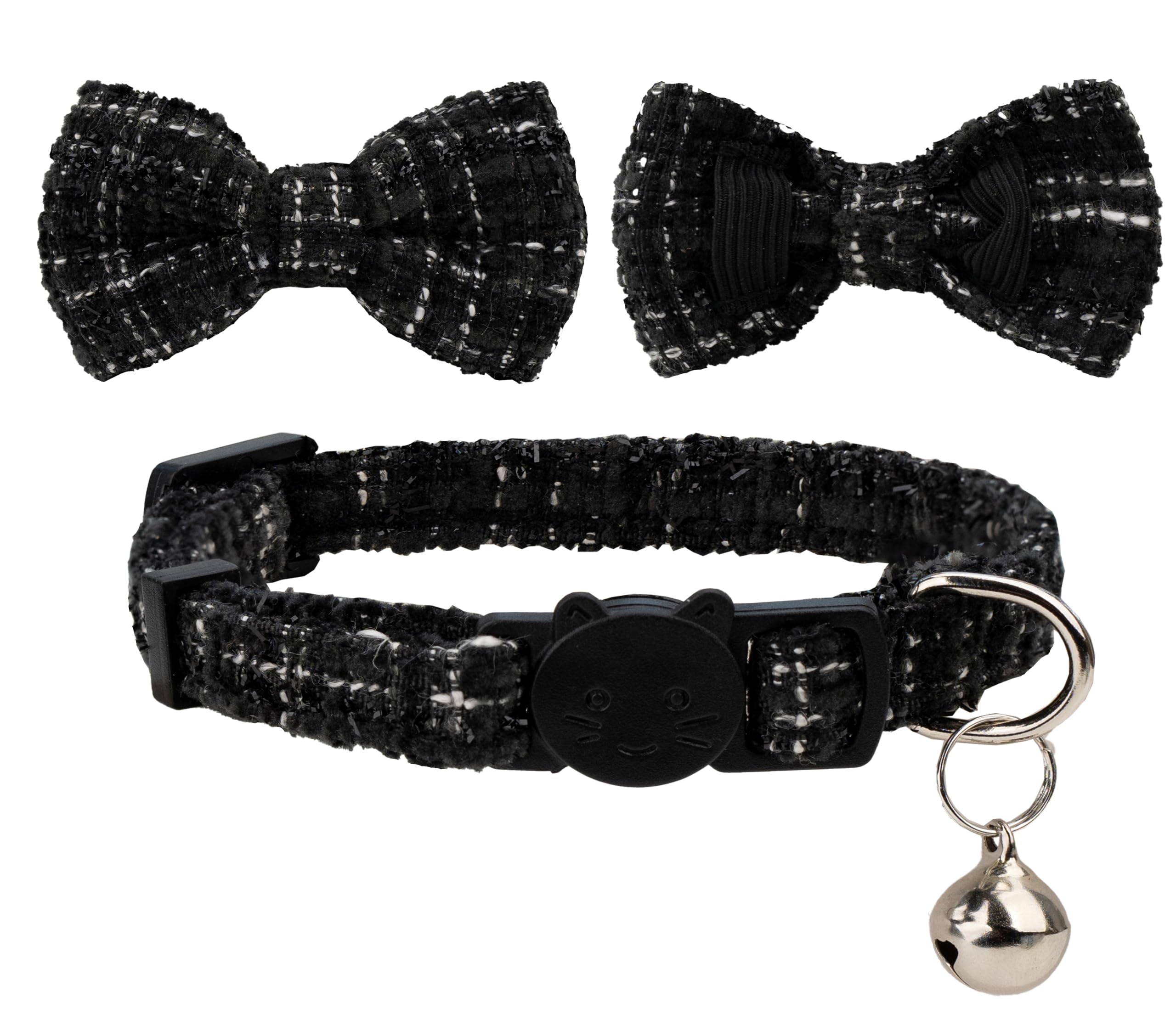 Gyapet Cat Collar Breakaway With Bell Boy Girl Kitten Bow Tie Safety Plaid Solid Color Set Cute Soft Summer B-[2Pcs] Black