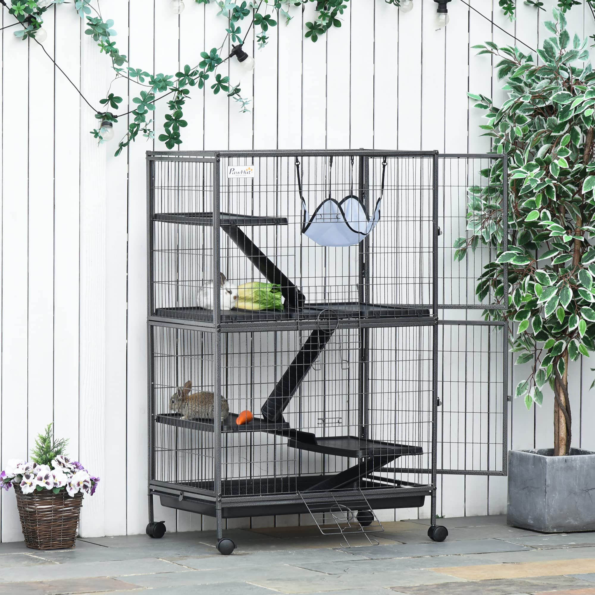 Pawhut 50' 5-Tier Small Animal Cage, Ferret Cage, Large Chinchilla Cage With Hammock Accessory & Heavy-Duty Steel Wire, Small Animal Habitat With 6 Doors, Removable Tray, Silver