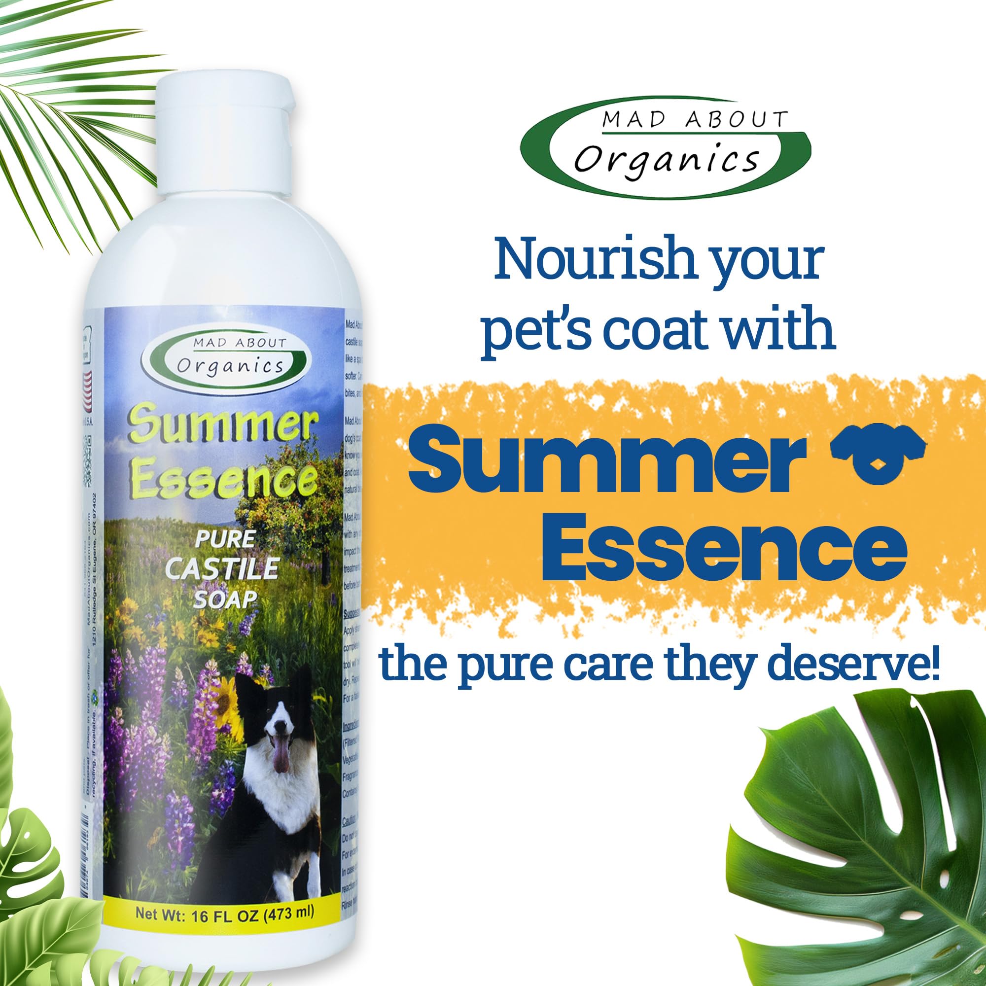 Mad About Organics Summer Essence Dog Shampoo - Pure Castile Soap with Botanical Fruit & Flower Oils, Gentle Formula for Delicat